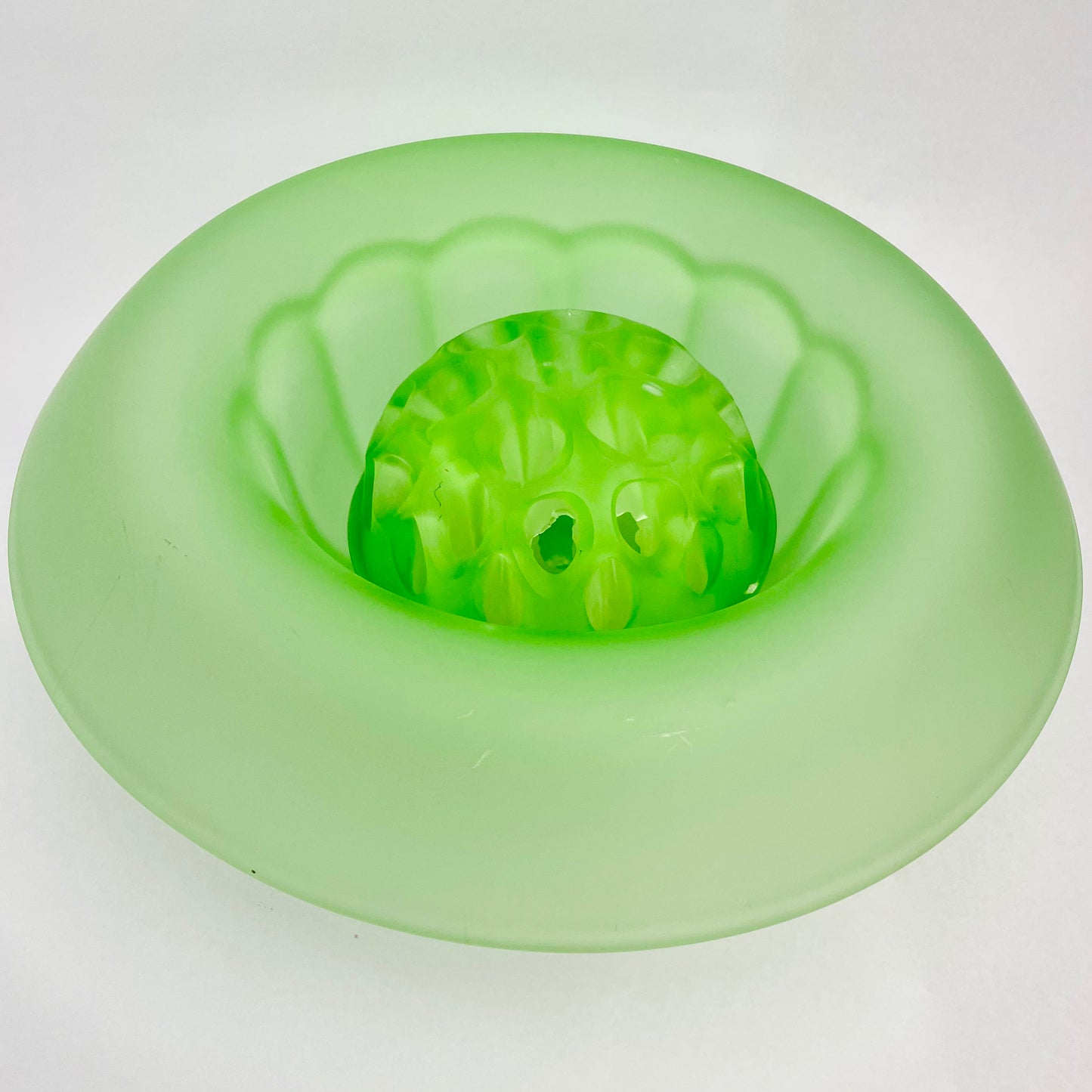 Large Art Deco Green Frosted Float Bowl & Flower Frog Centre-piece