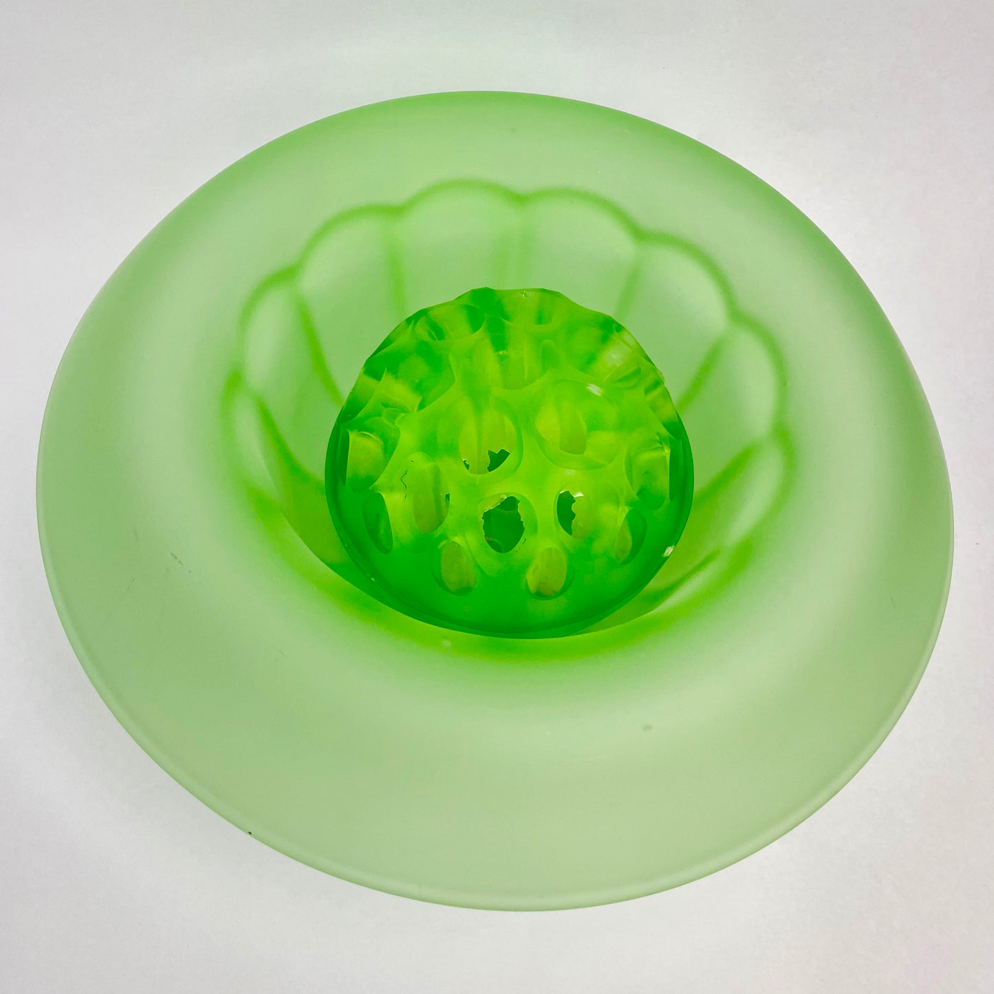 Large Art Deco Green Frosted Float Bowl & Flower Frog Centre-piece