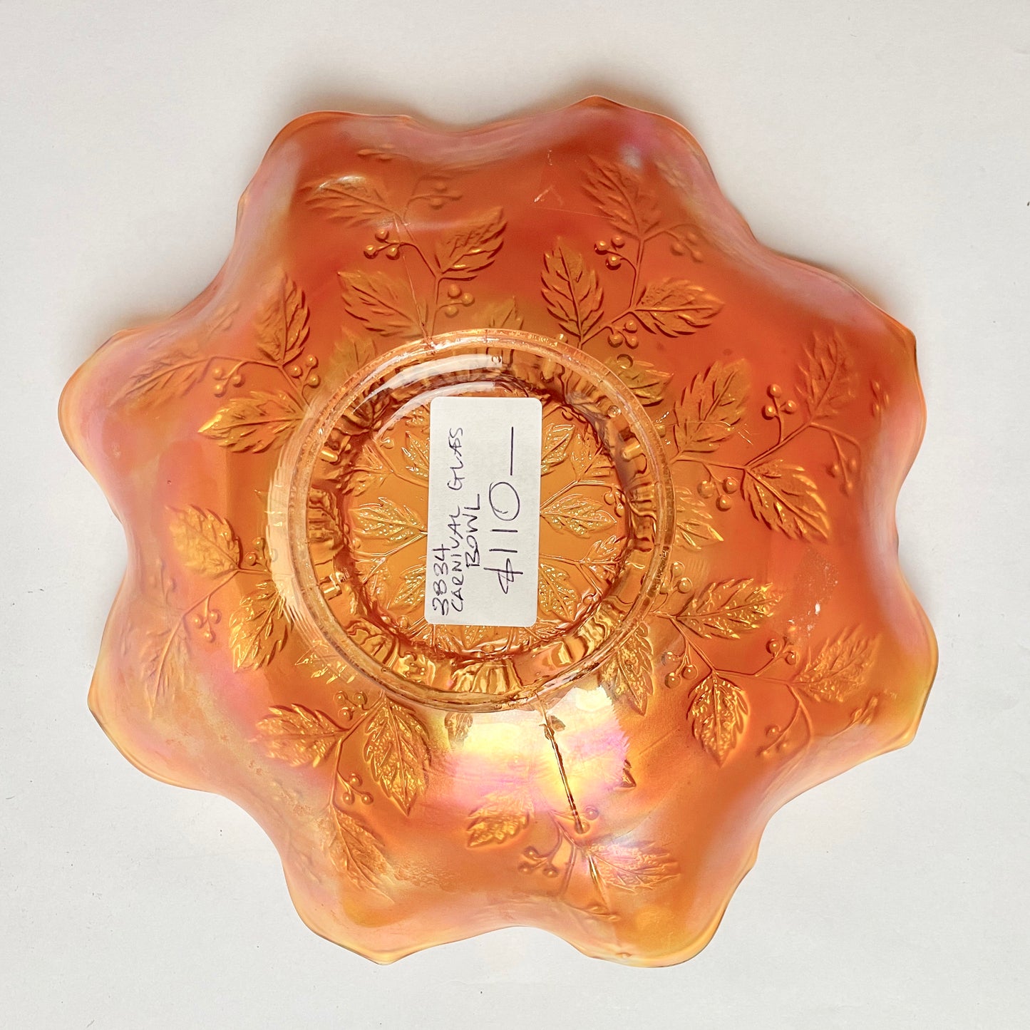 Fenton Carnival Glass Ruffled Bowl Holly Leaf Pattern Marigold Amber