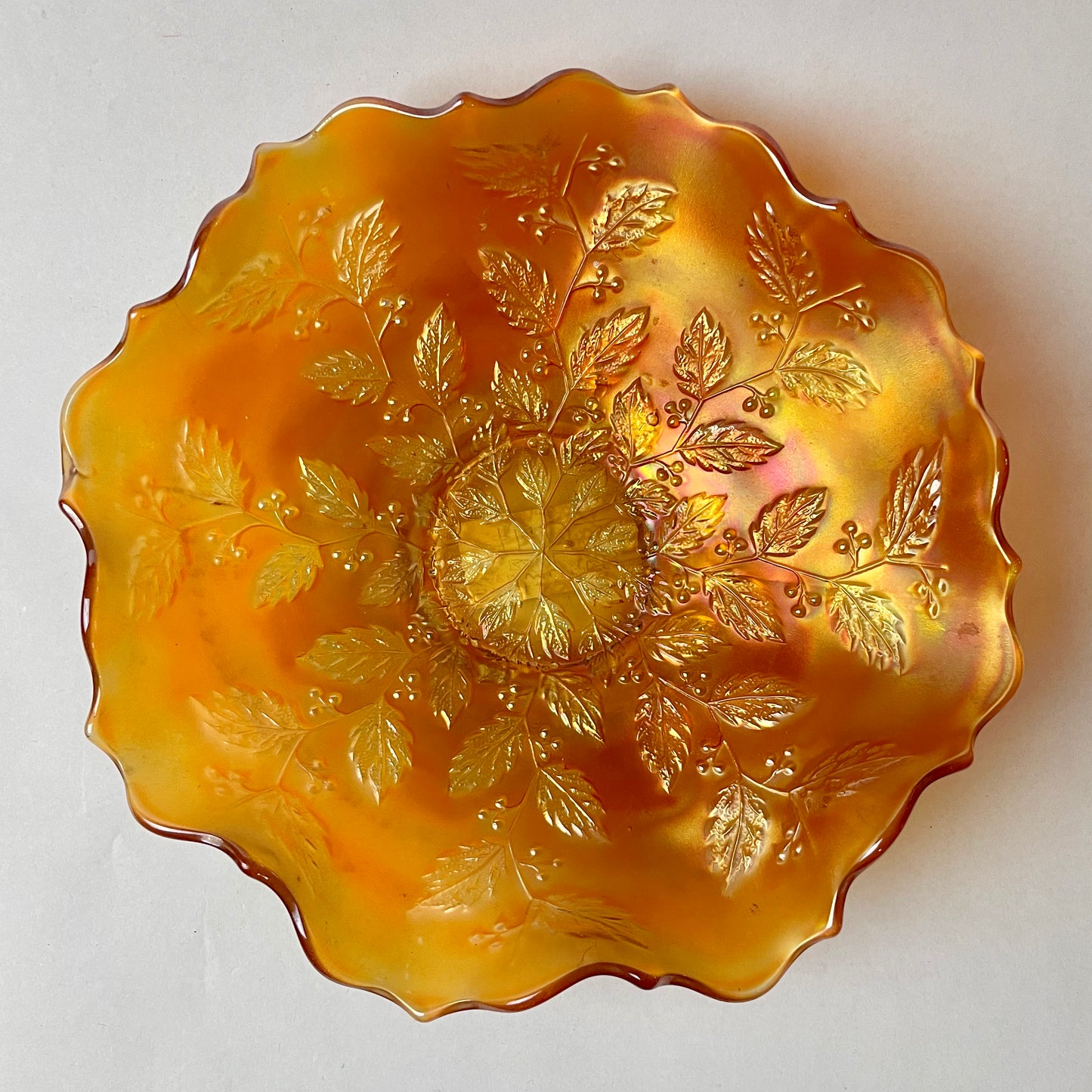 Fenton Carnival Glass Ruffled Bowl Holly Leaf Pattern Marigold Amber