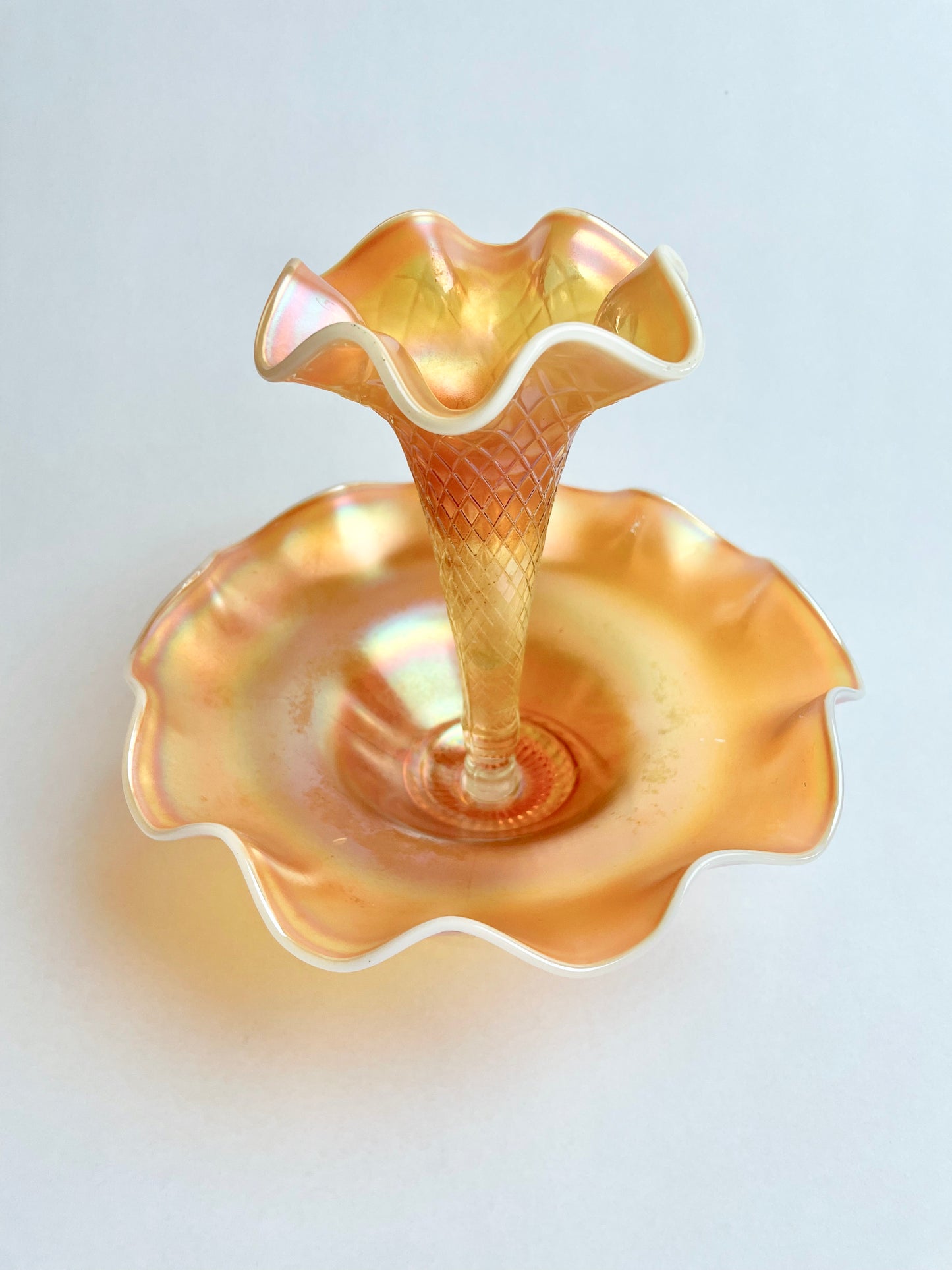 Dugan Carnival Glass Quilt Diamond Marigold Opalescent Single Horn