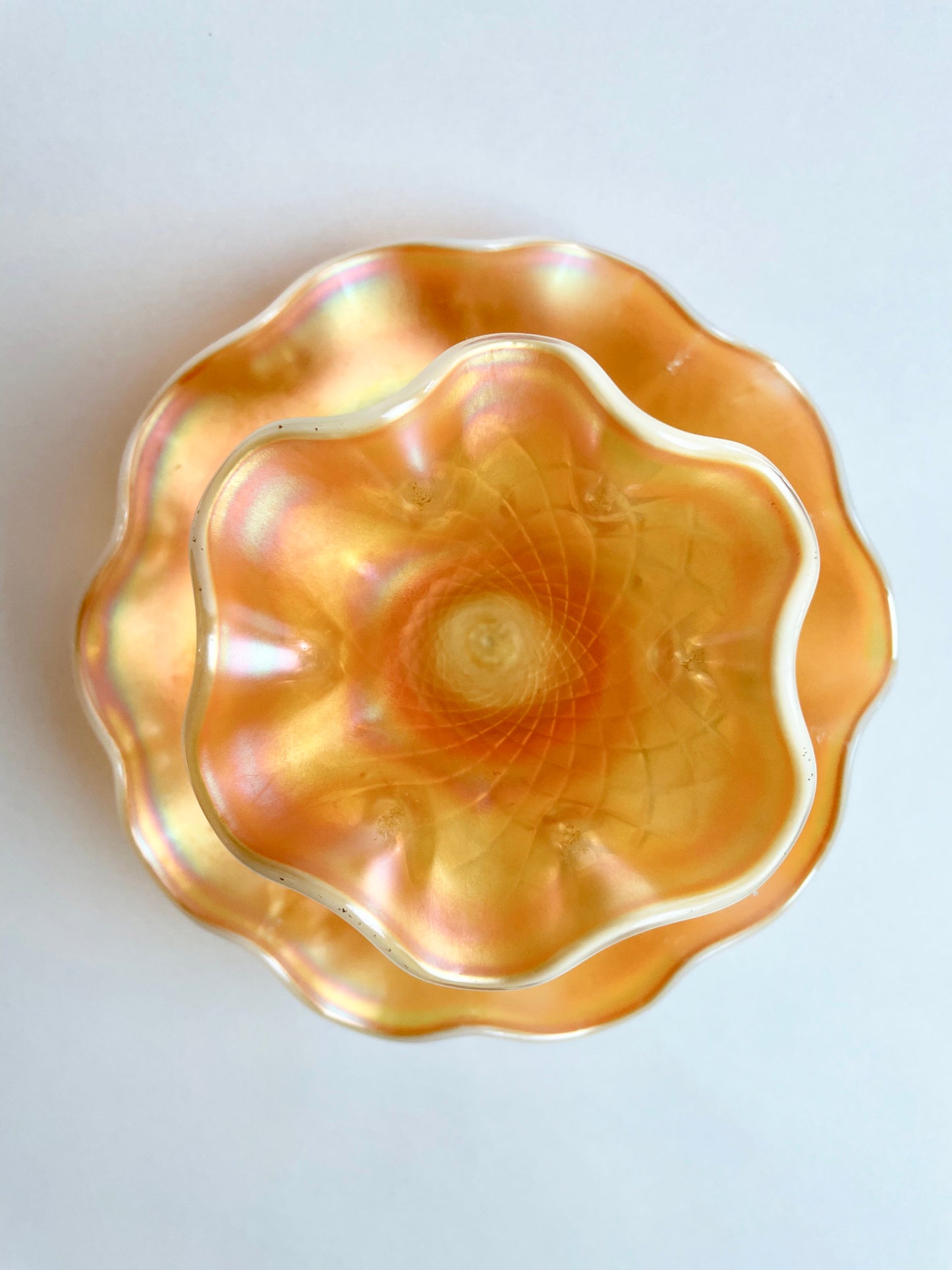Dugan Carnival Glass Quilt Diamond Marigold Opalescent Single Horn