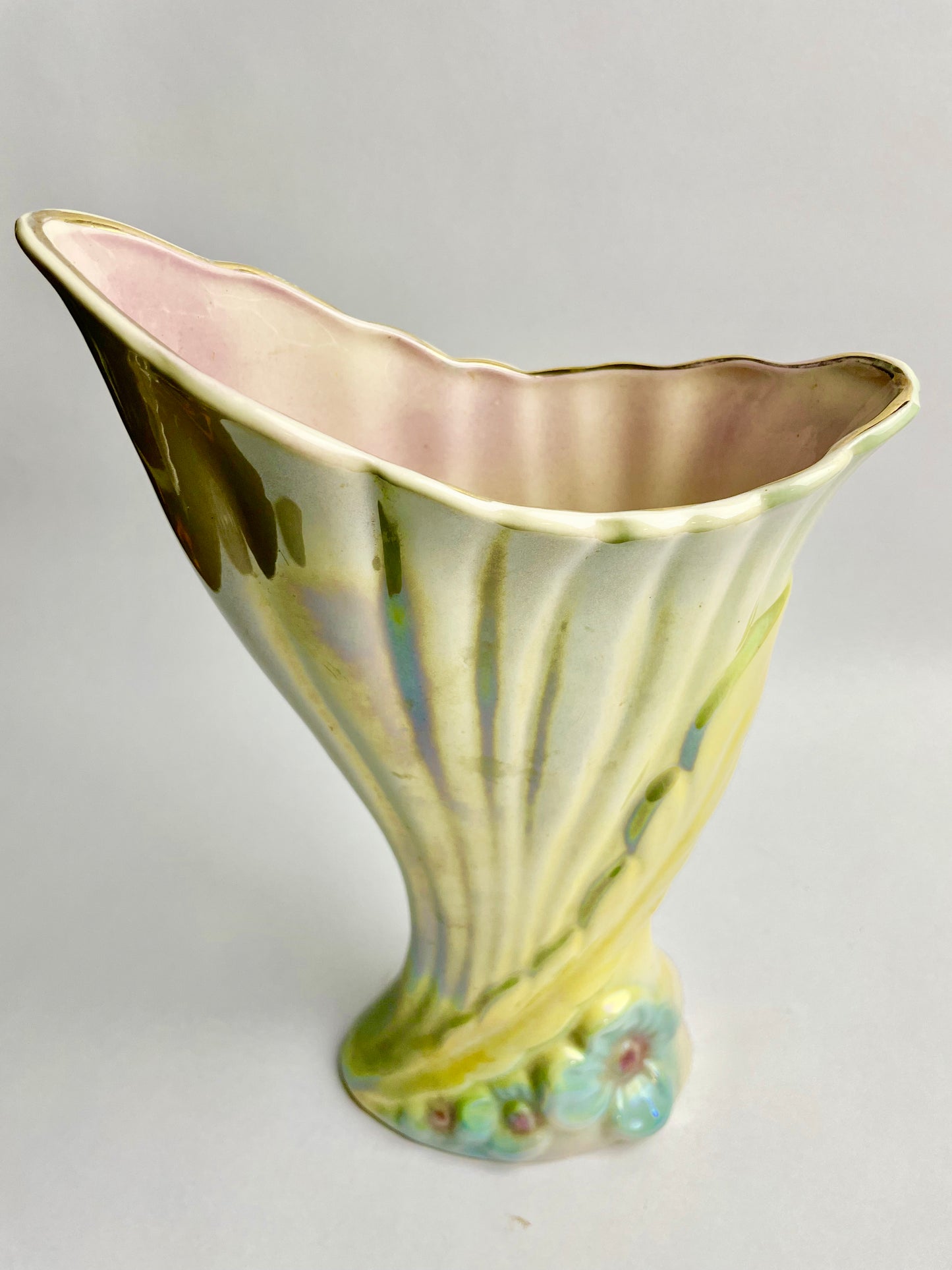 Mingay Lusterware Ceramic Pottery Vase Pink Yellow and Blue Lustre V67 26.5cm tall