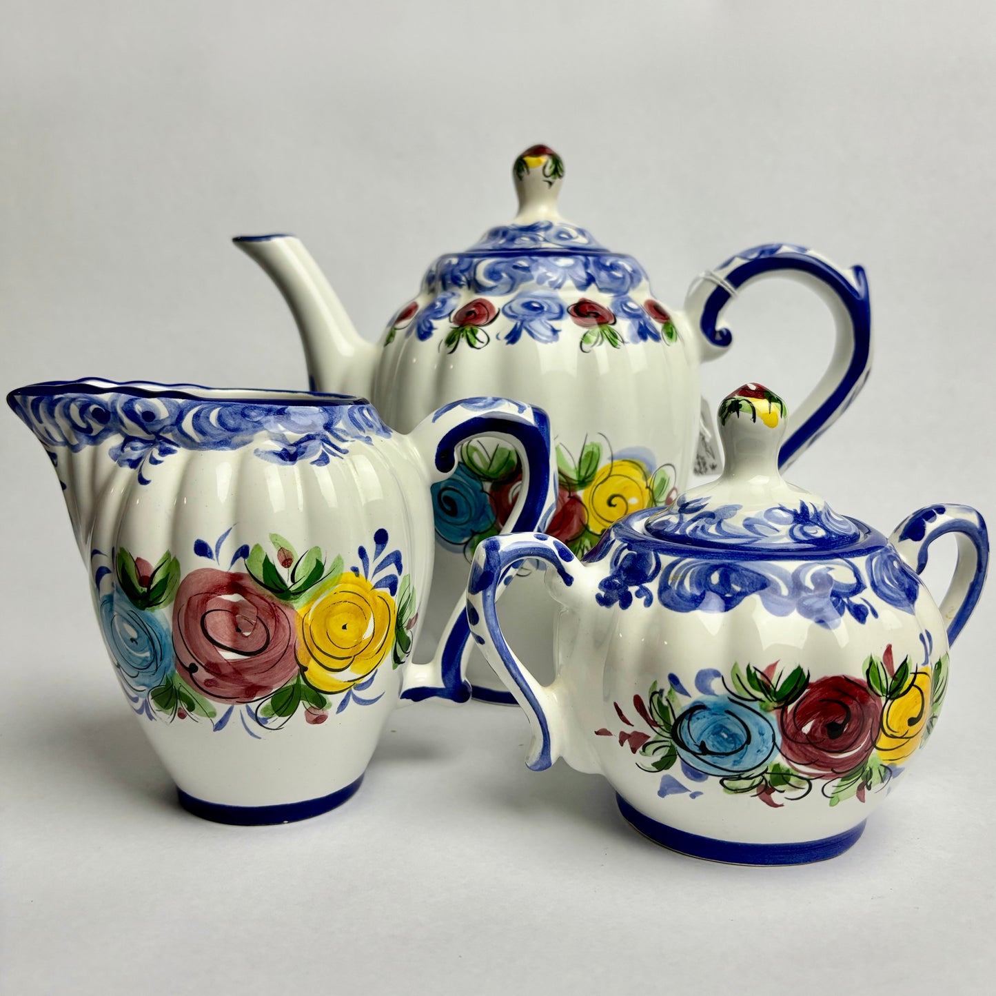 Vintage hand-painted Portuguese china tea set, complete six service in VGC