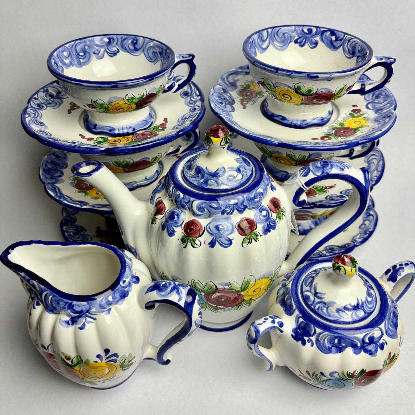 Vintage hand-painted Portuguese china tea set, complete six service in VGC