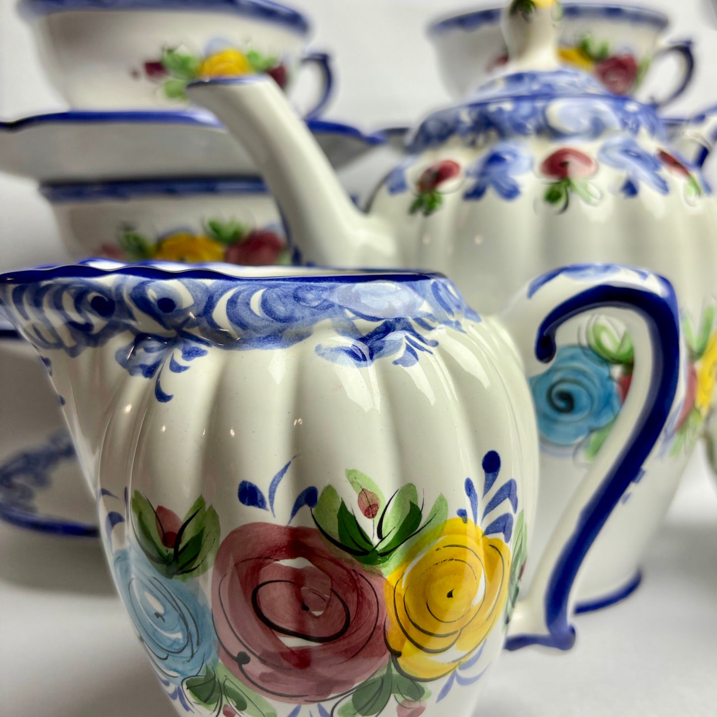 Vintage hand-painted Portuguese china tea set, complete six service in VGC