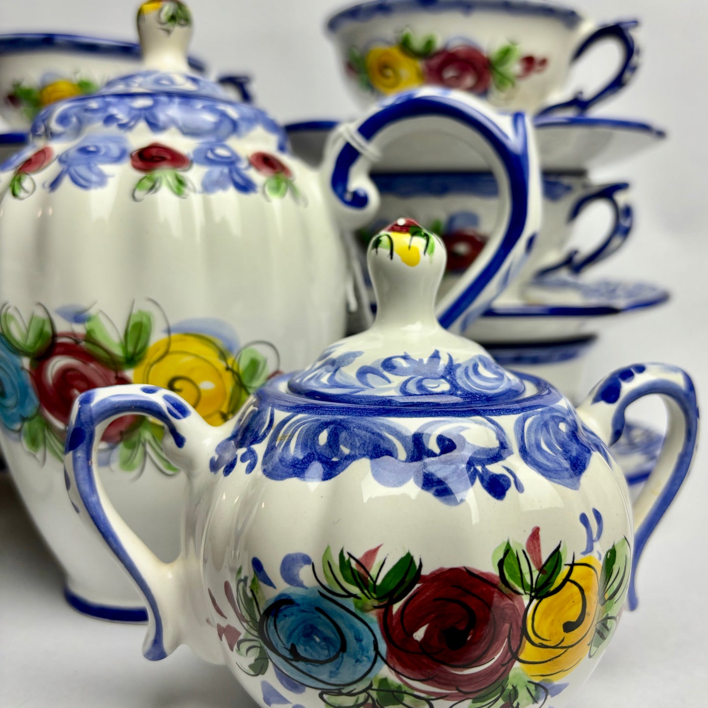 Vintage hand-painted Portuguese china tea set, complete six service in VGC