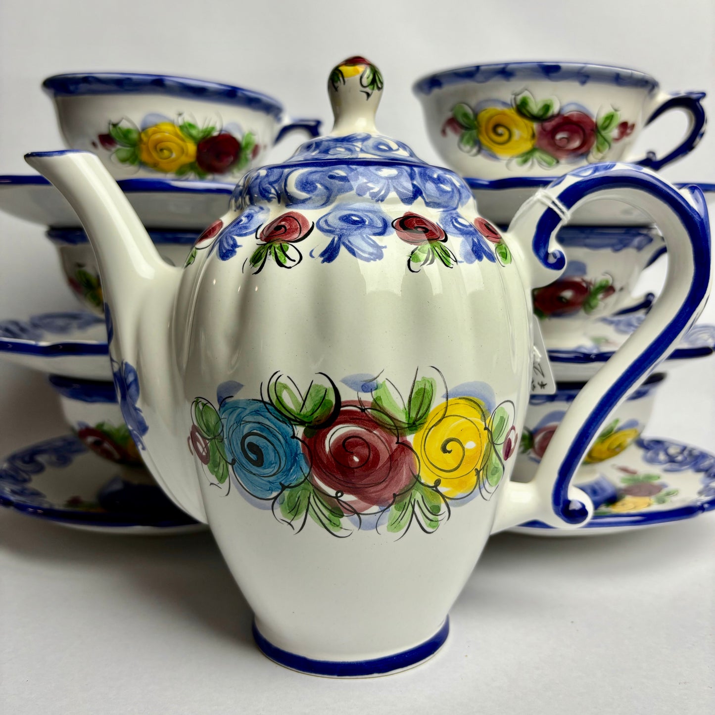 Vintage hand-painted Portuguese china tea set, complete six service in VGC