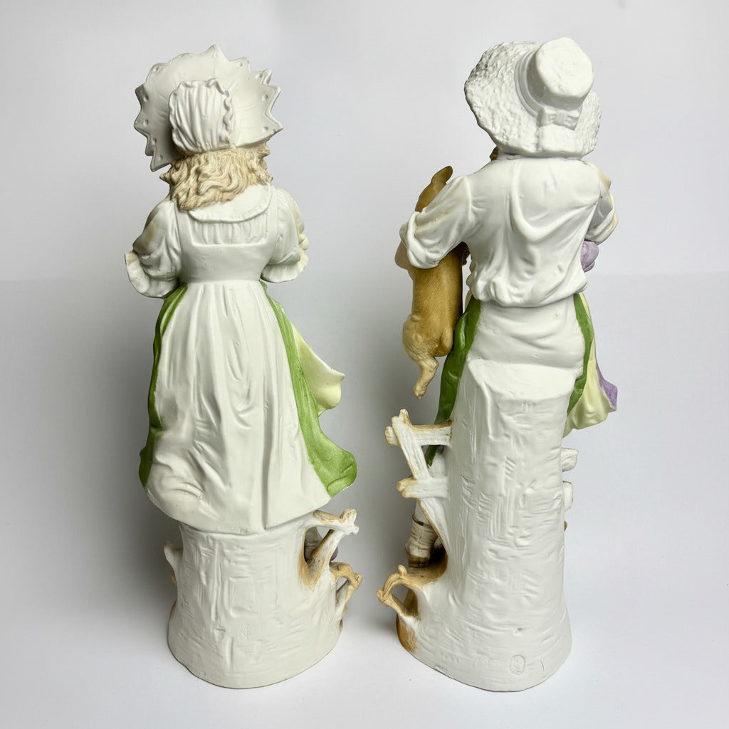 Pair of Large Victorian Bisque Figurines – Children with Cat & Dog – 39cm