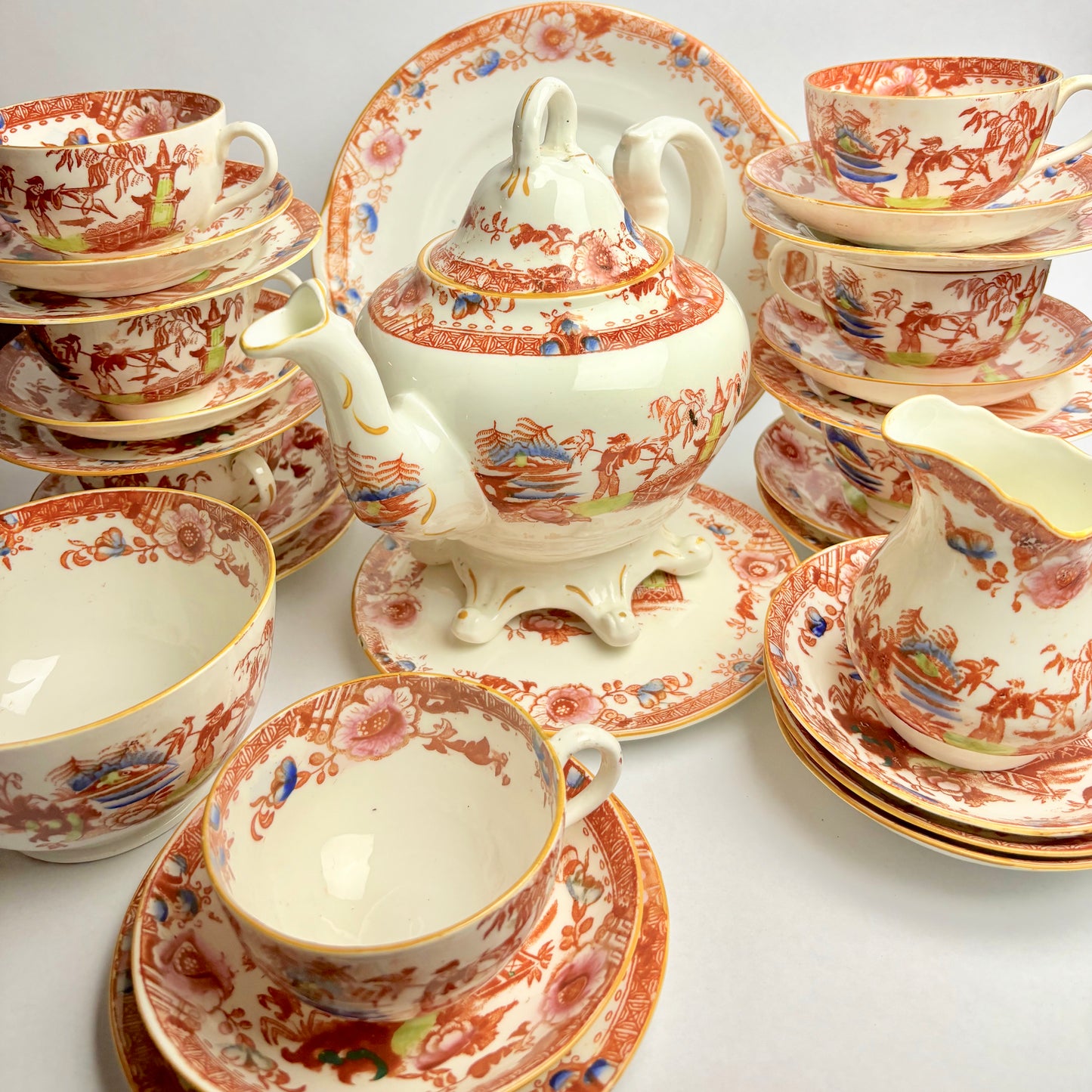 Rare Georgian Hilditch & Sons Chinoiserie 33 piece porcelain tea set