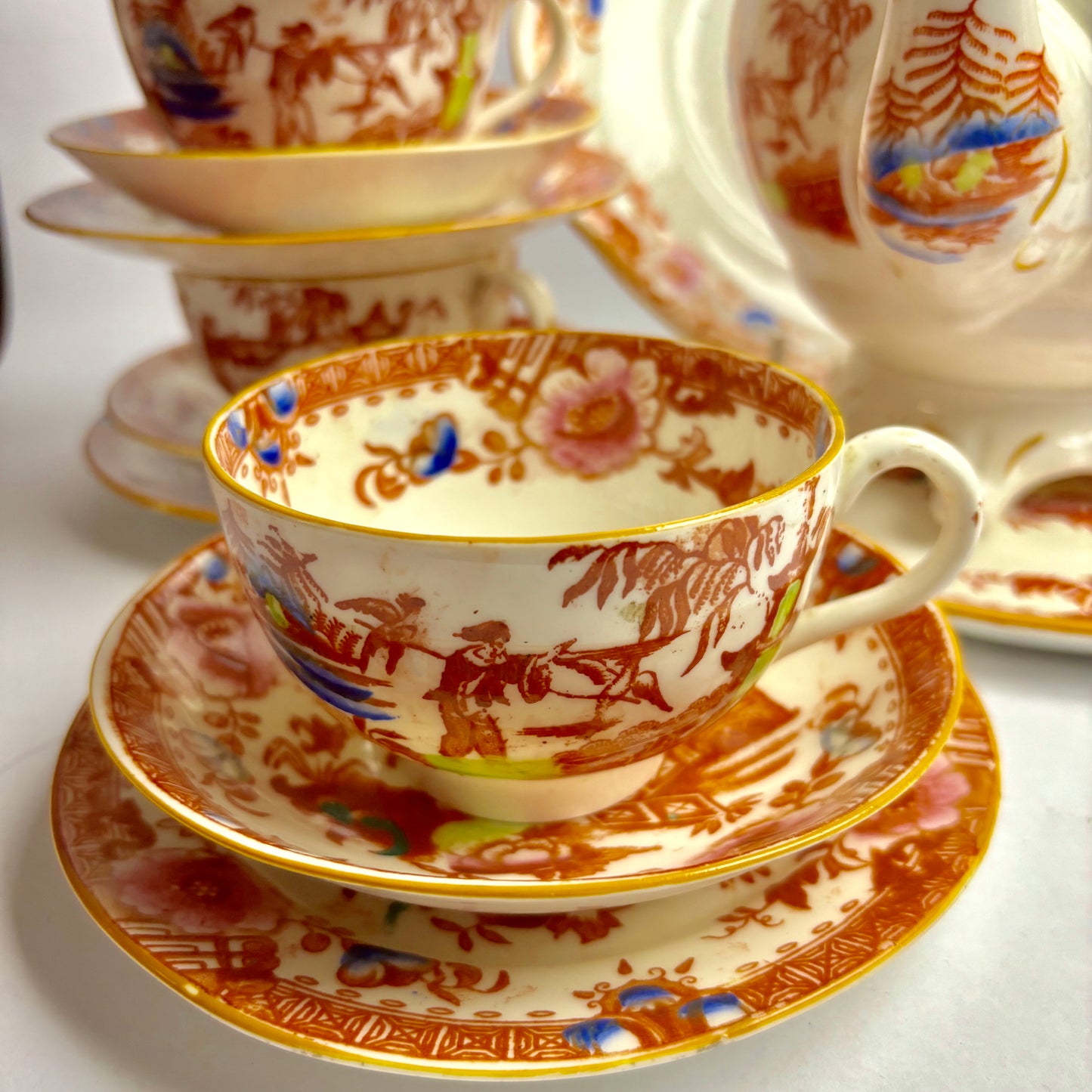 Rare Georgian Hilditch & Sons Chinoiserie 33 piece porcelain tea set