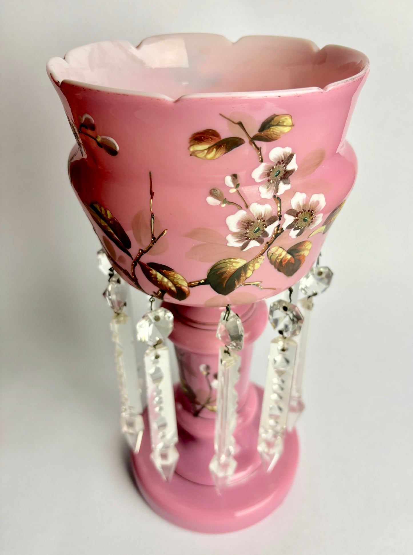 Pink Victorian Milk Glass Mantle Lustre