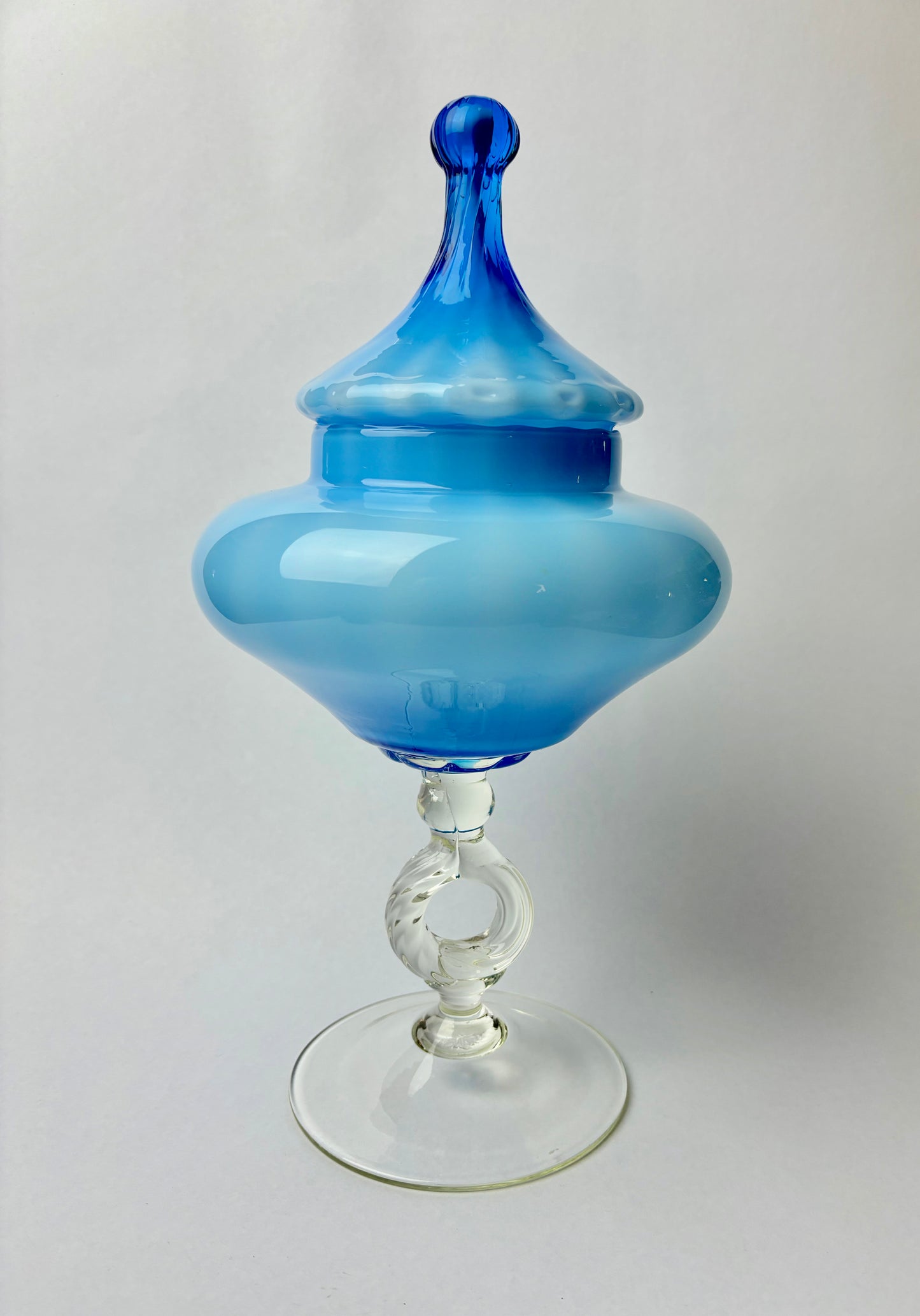 Mid-Century Modern Large Empoli Blue & White Glass Apothecary Circus Tent Top Jar