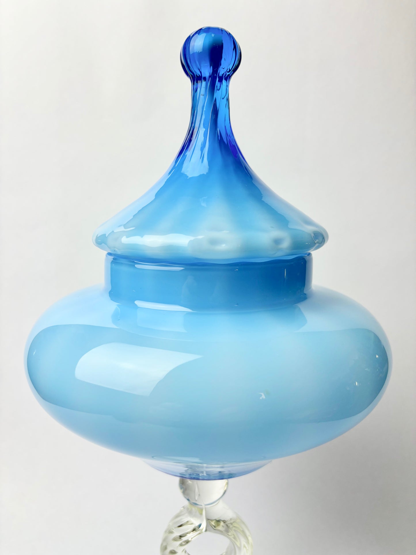 Mid-Century Modern Large Empoli Blue & White Glass Apothecary Circus Tent Top Jar