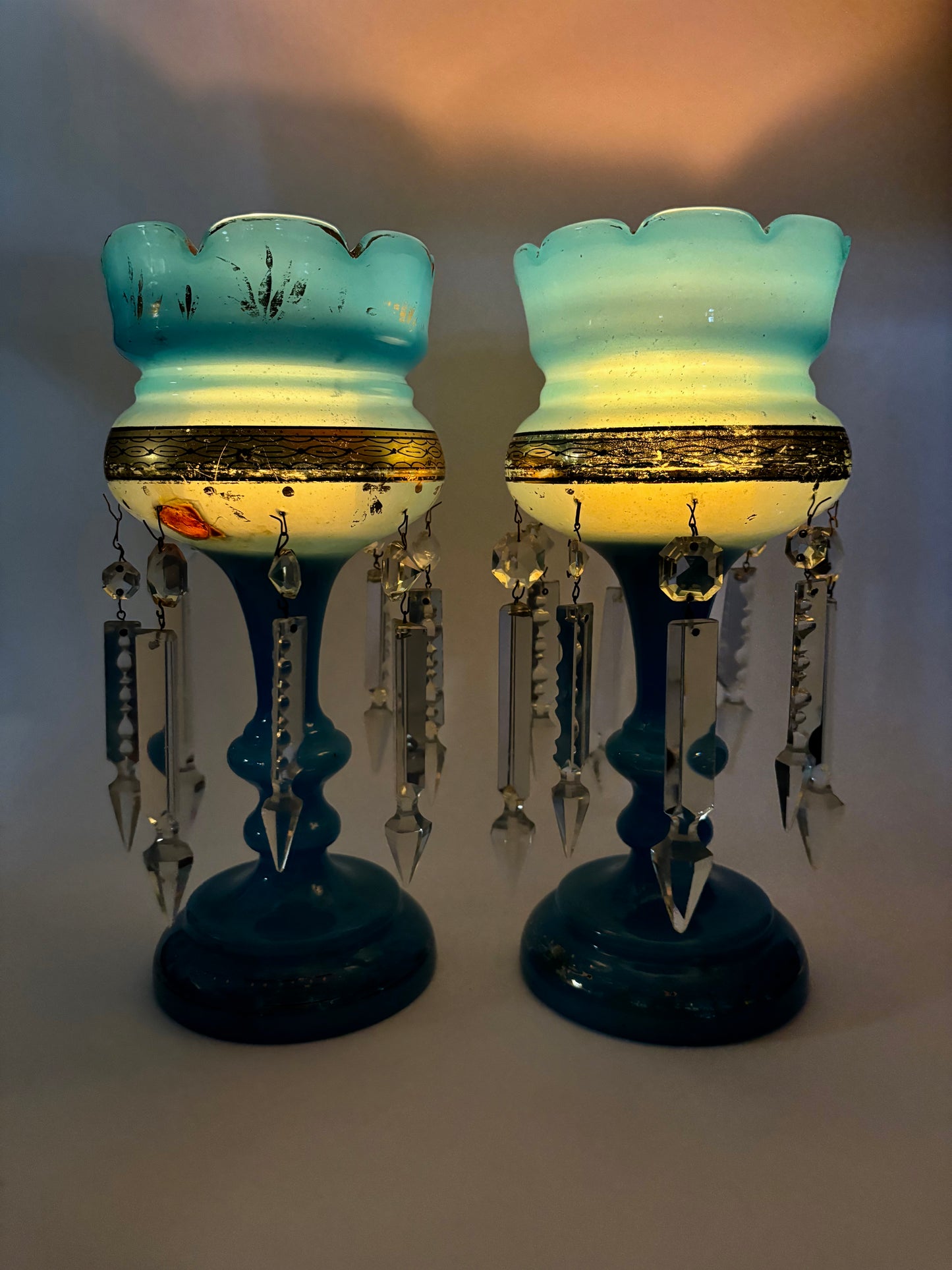 Pair of Blue Victorian Mantel Lustres