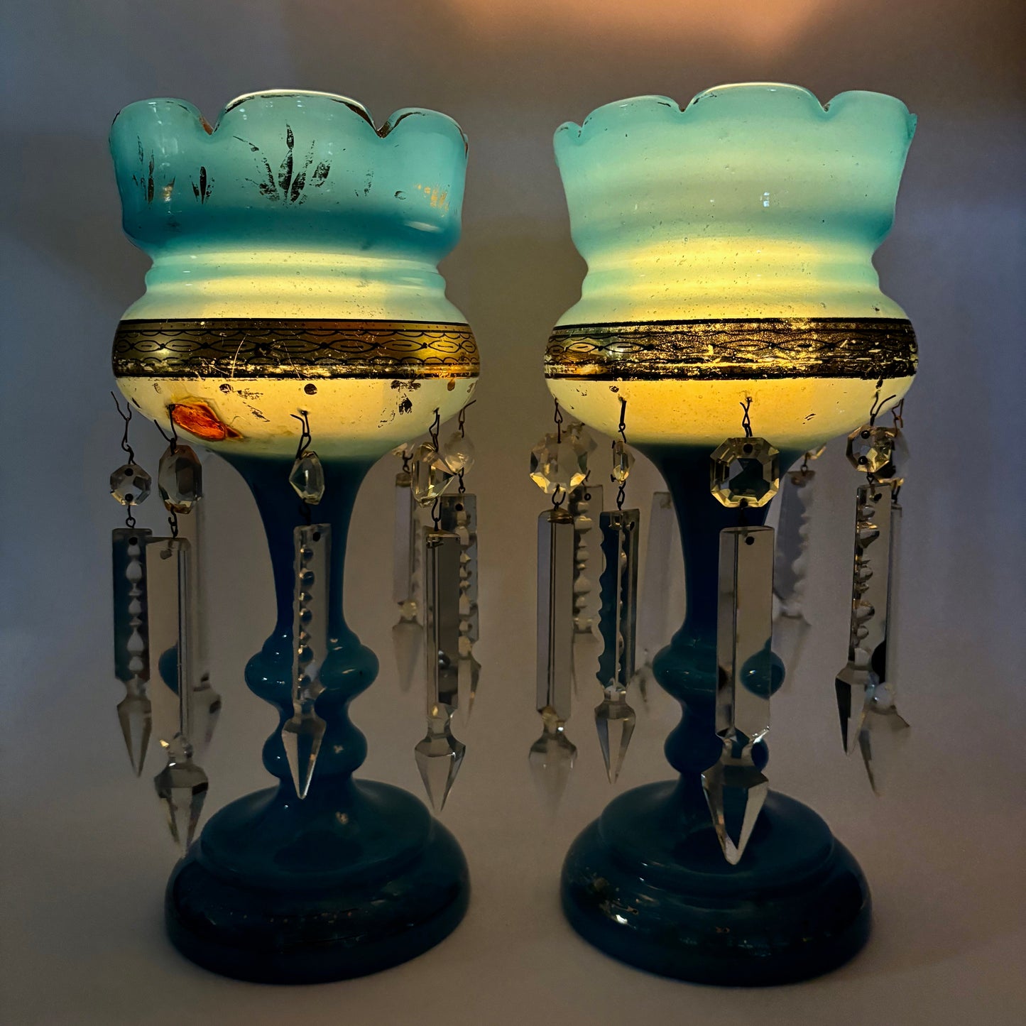 Victorian Blue Opaline Mantel Lustres – Pair – Prism Drops – 30cm