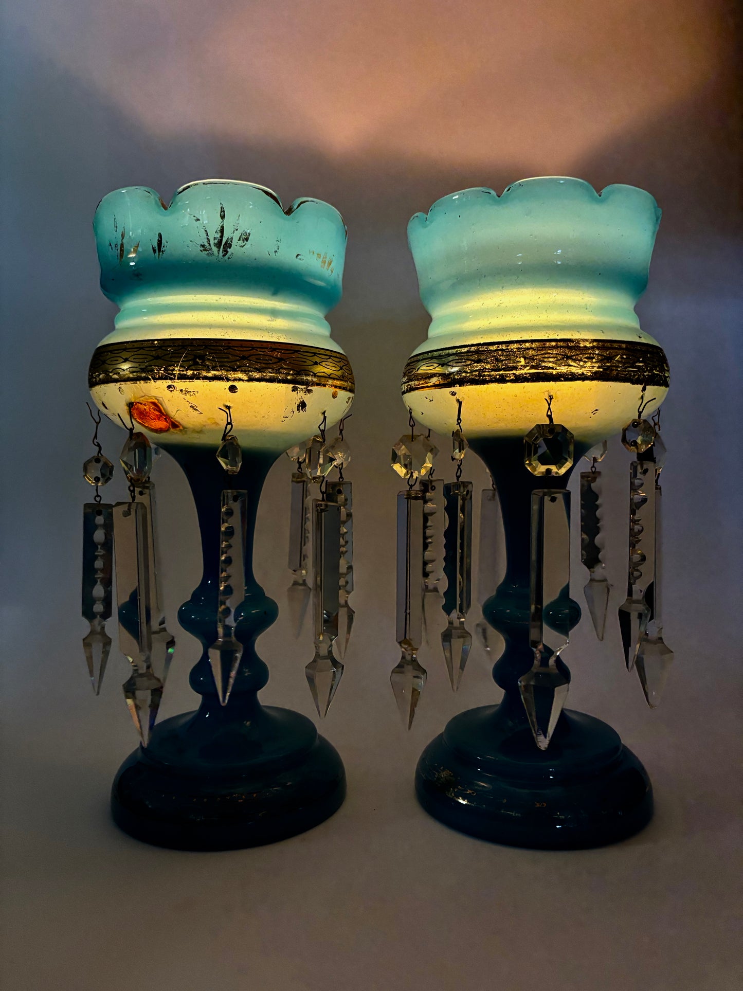 Pair of Blue Victorian Mantel Lustres