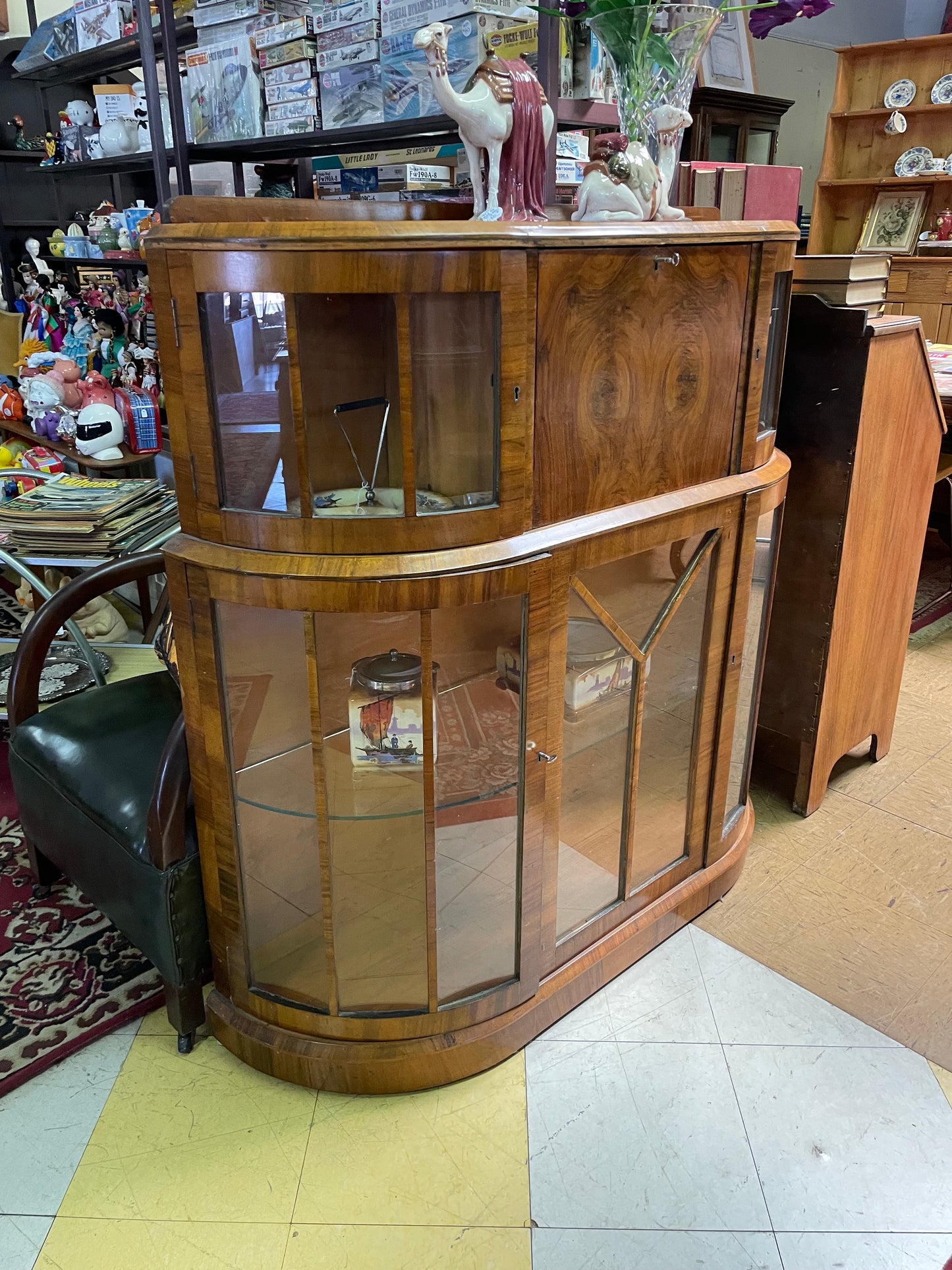 Art Deco Walnut veneer display case with bureau