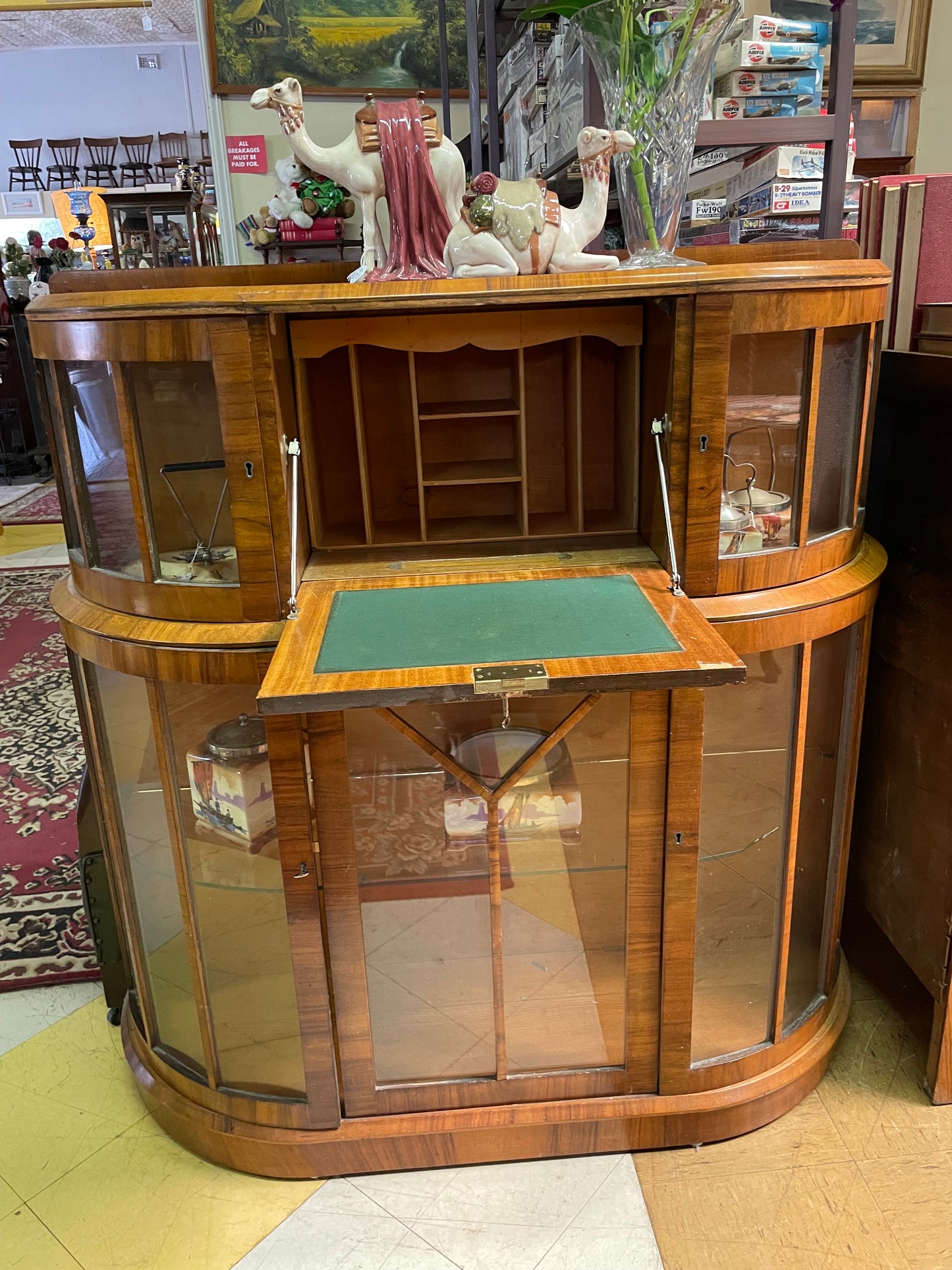 Art Deco Walnut veneer display case with bureau