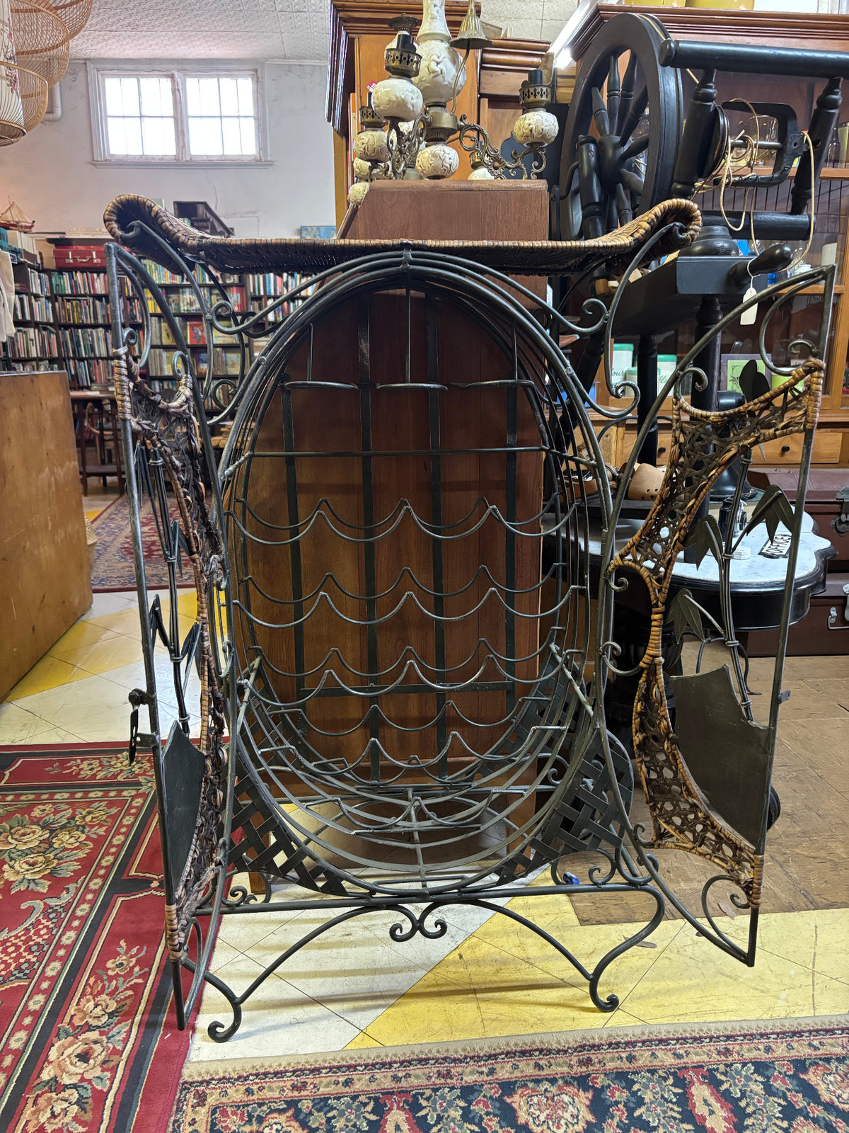 Decorative Wrought Iron & Wicker Wine Cabinet with Bottle Rack