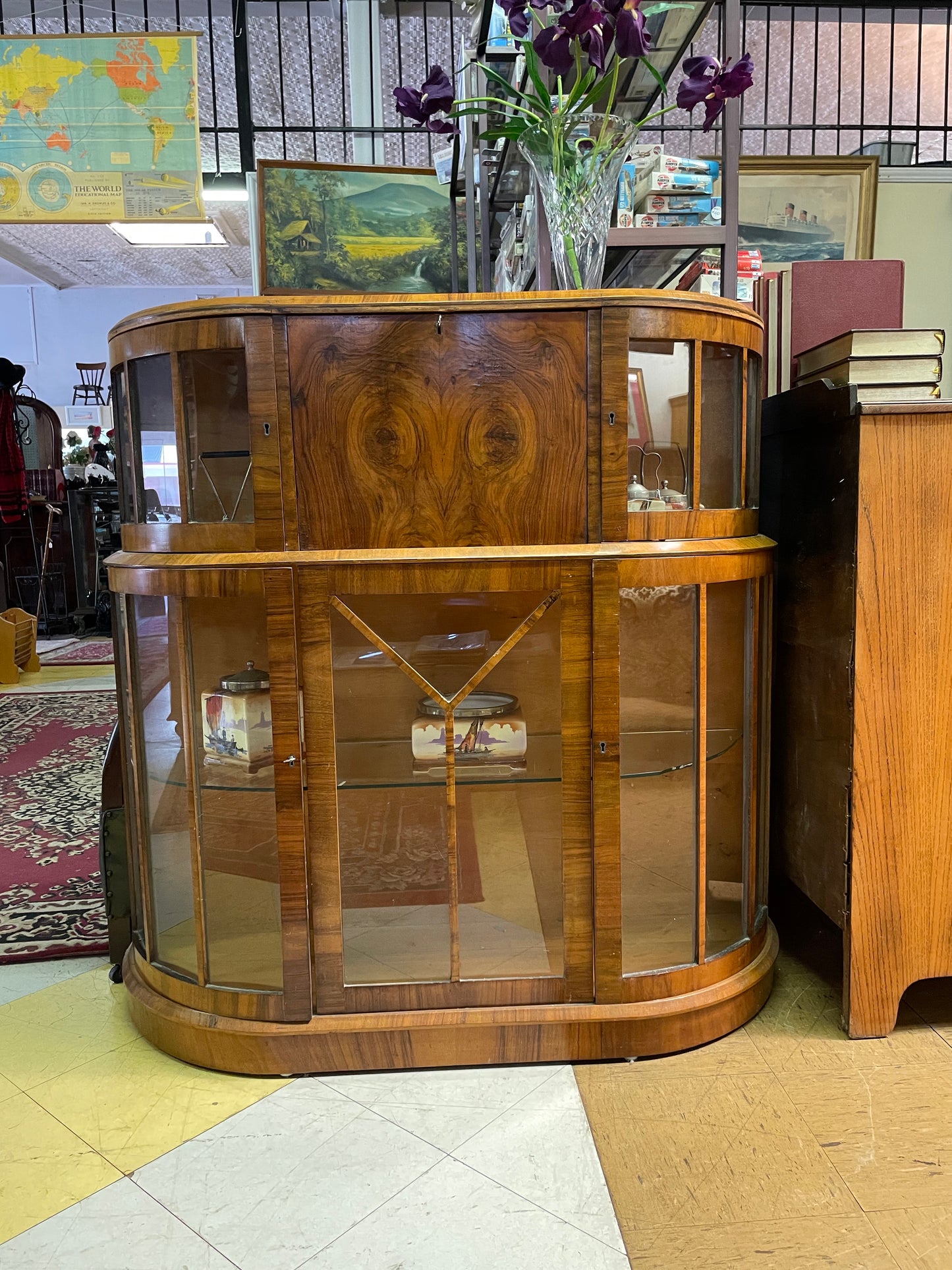 Art Deco Walnut veneer display case with bureau