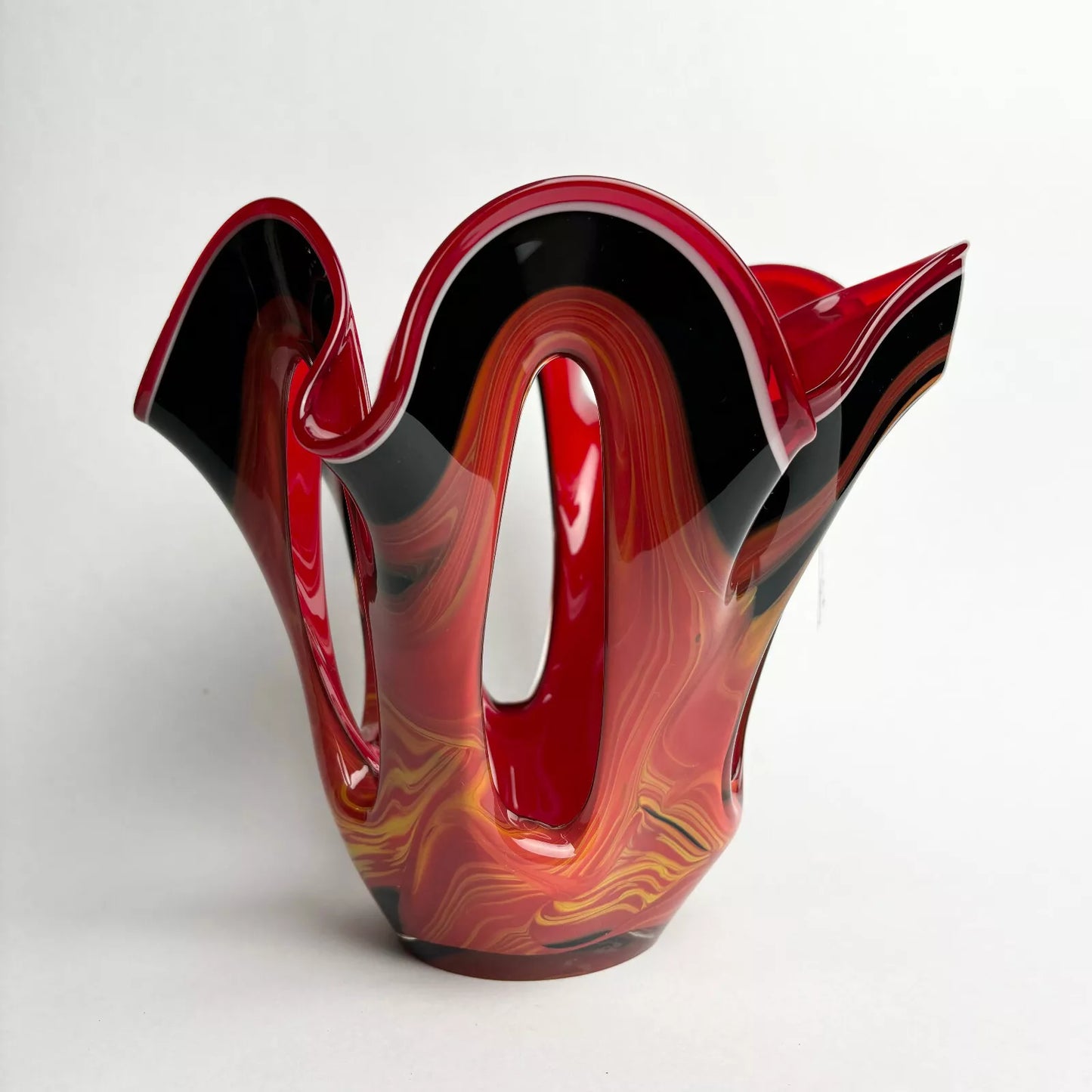 Vintage Murano Fazzoletto Handkerchief Art Glass Vase – Red, Black & Yellow Swirl, c.1970s