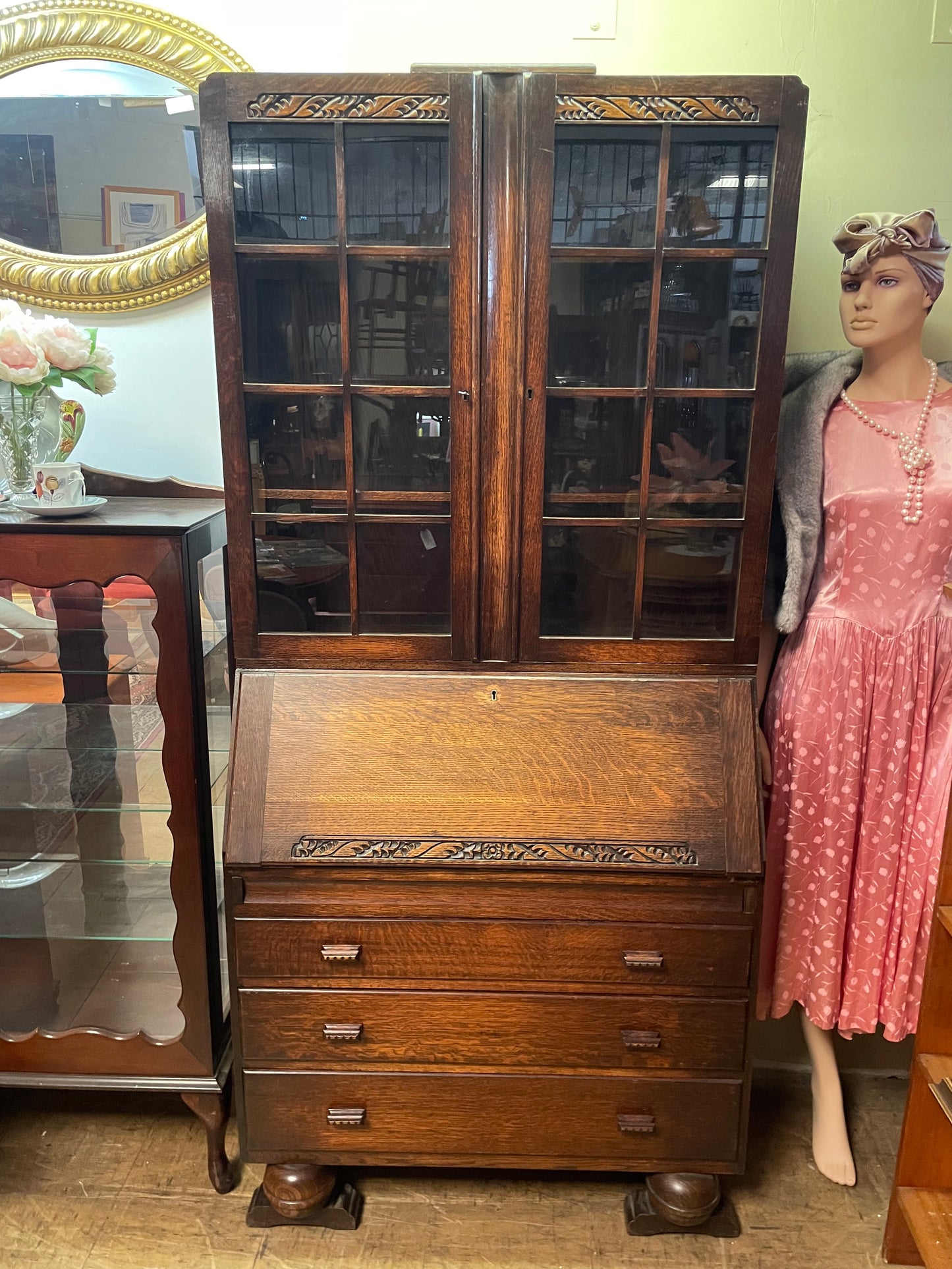 Vintage oak bureau bookcase (93cm@x 44cm x 198cm tall) VGC