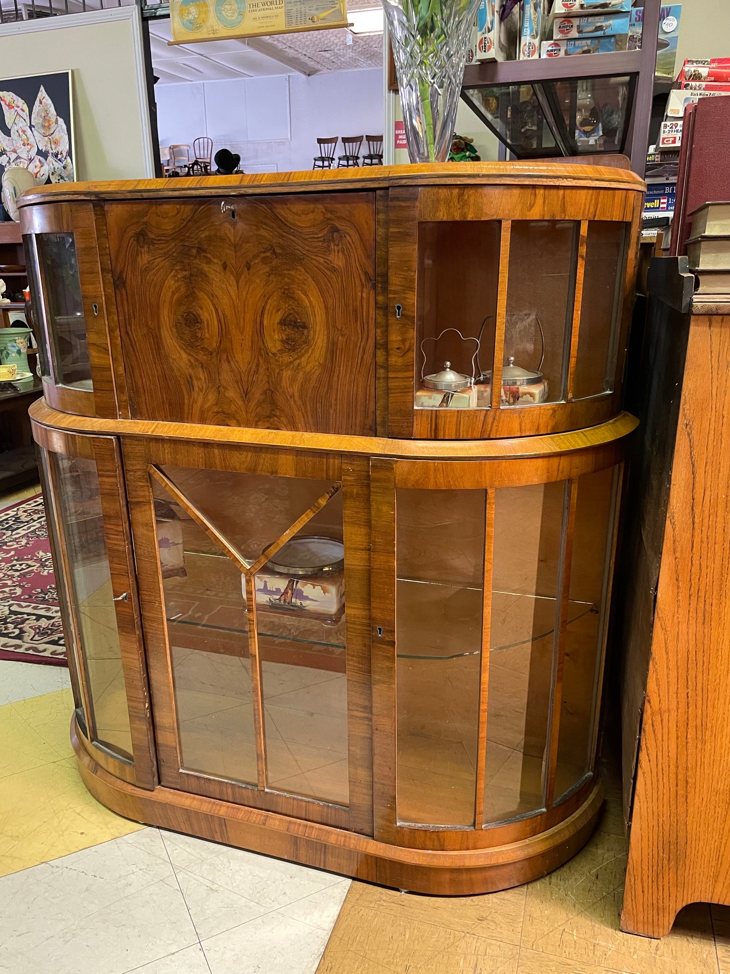 Art Deco Walnut veneer display case with bureau