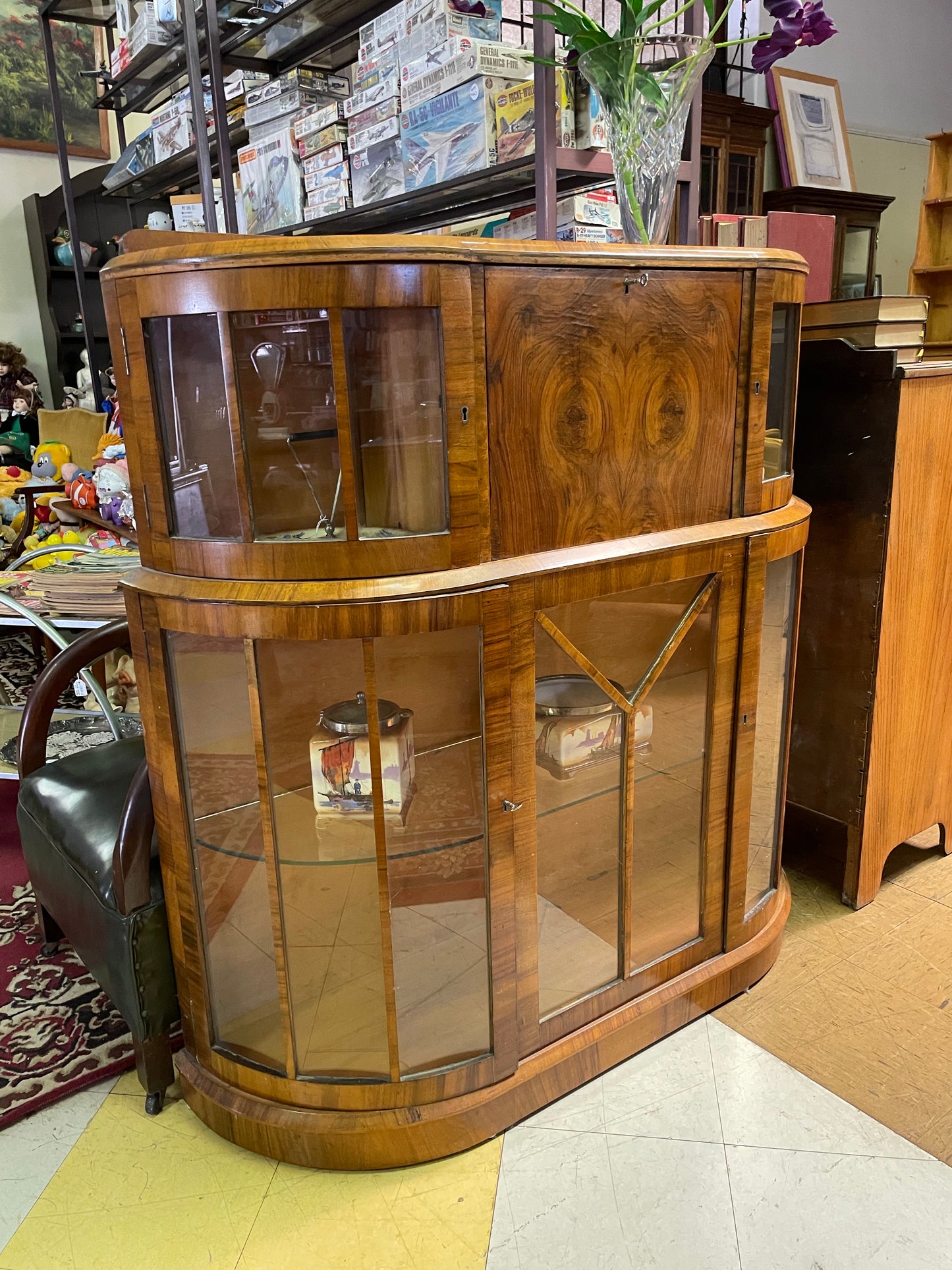 Art Deco Walnut veneer display case with bureau