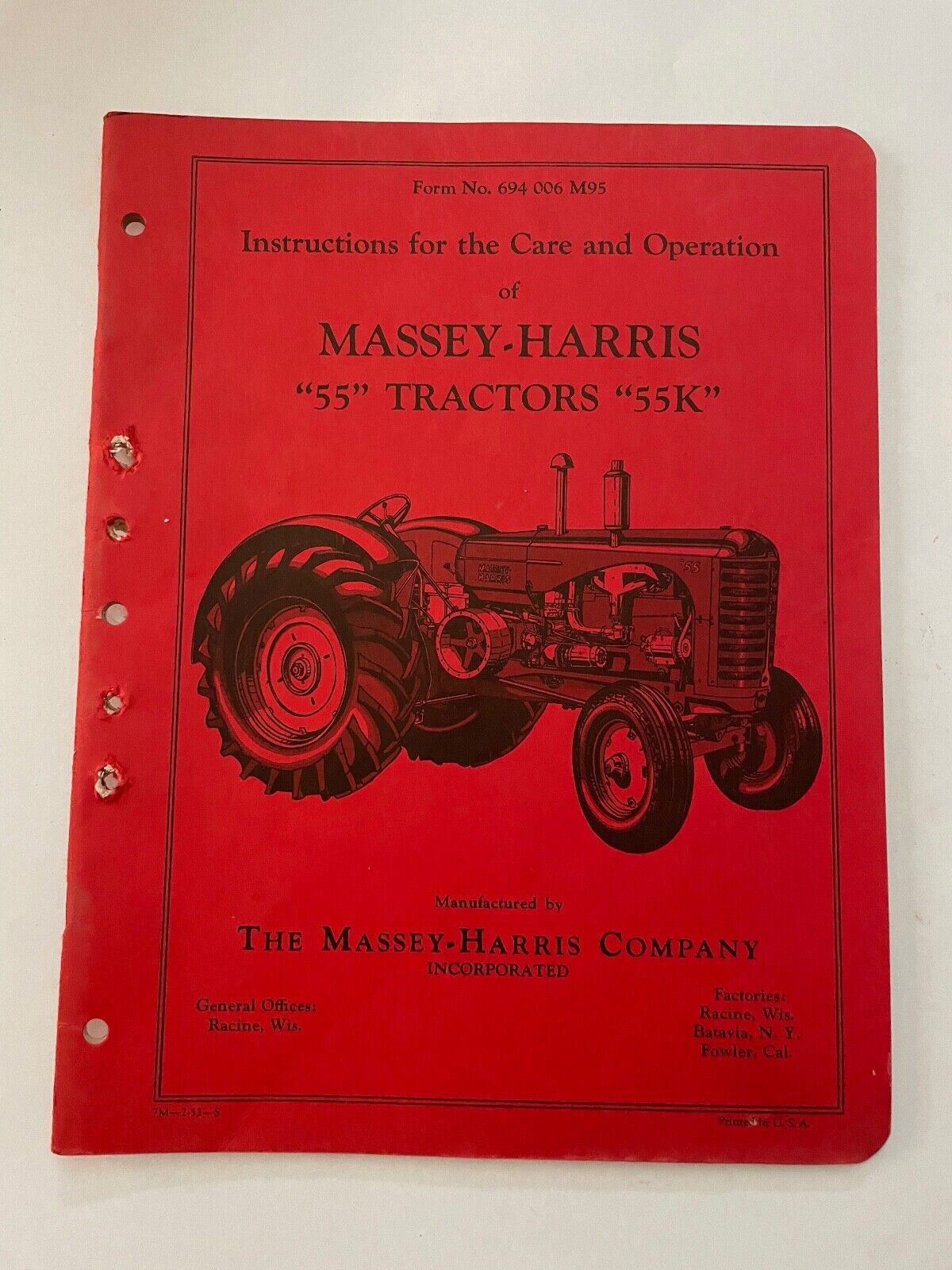 Massey Harris 55 55K tractor INSTRUCTIONS CARE OPERATION Northam