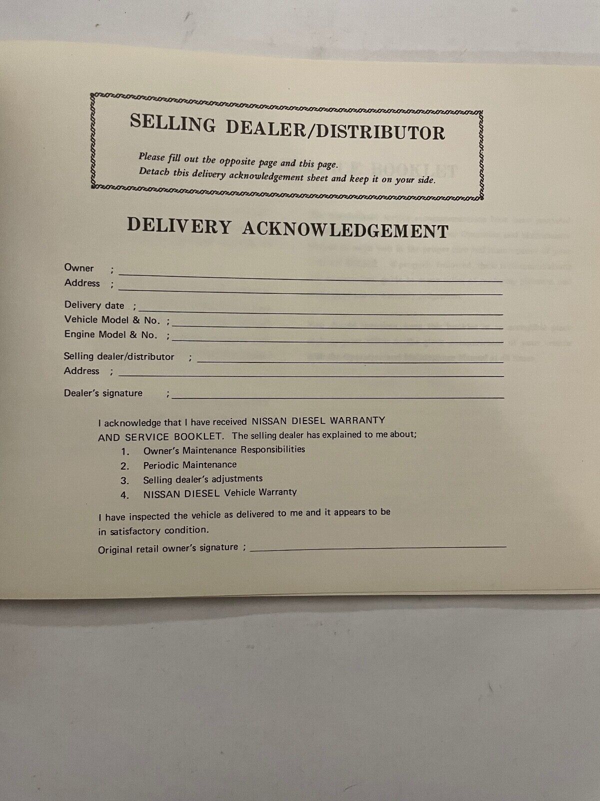 Nissan Diesel Service Booklet unused blank