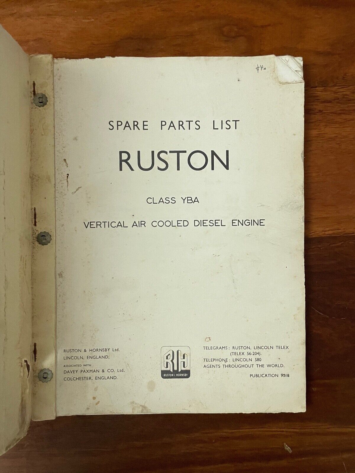 Ruston Vertical Air-cooled Diesel engine Spare Parts List YBA