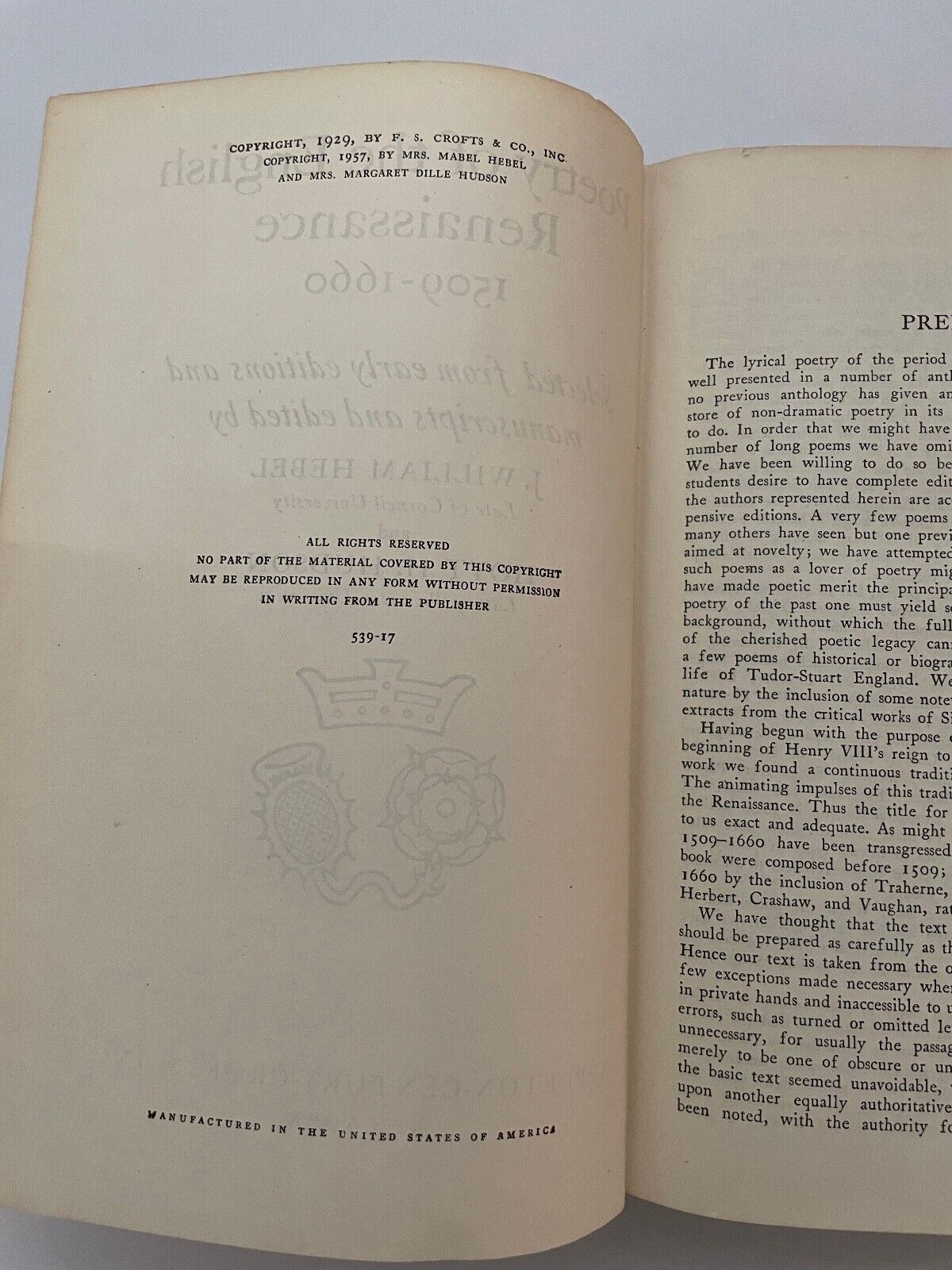 1957 POETRY OF THE ENGLISH RENAISSANCE 1509-1660 Hebel, J. William & Hudson, Hoy