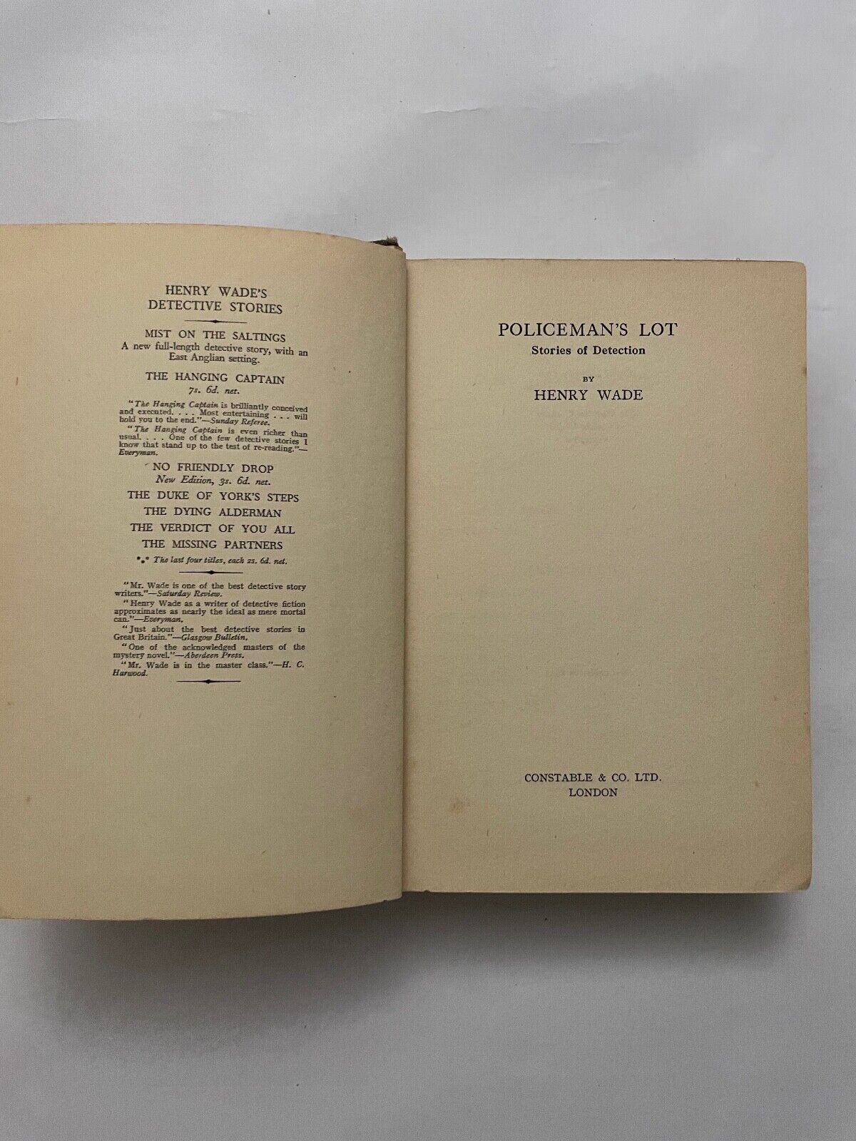 Policeman's Lot by Henry Wade (Pseudonym of Sir Henry L. Aubrey-Fletcher) 1st ed