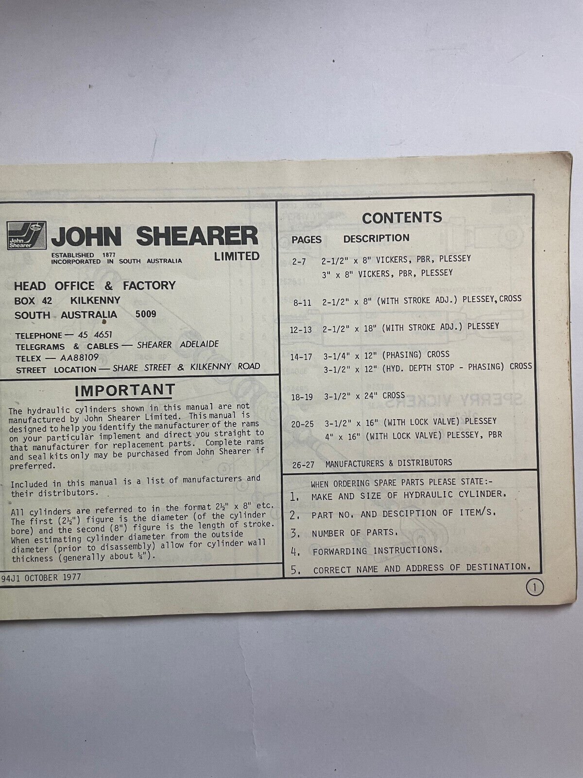 JOHN SHEARER supplied HYDRAULIC CYLINDERS parts and instruction manual no. 94J1