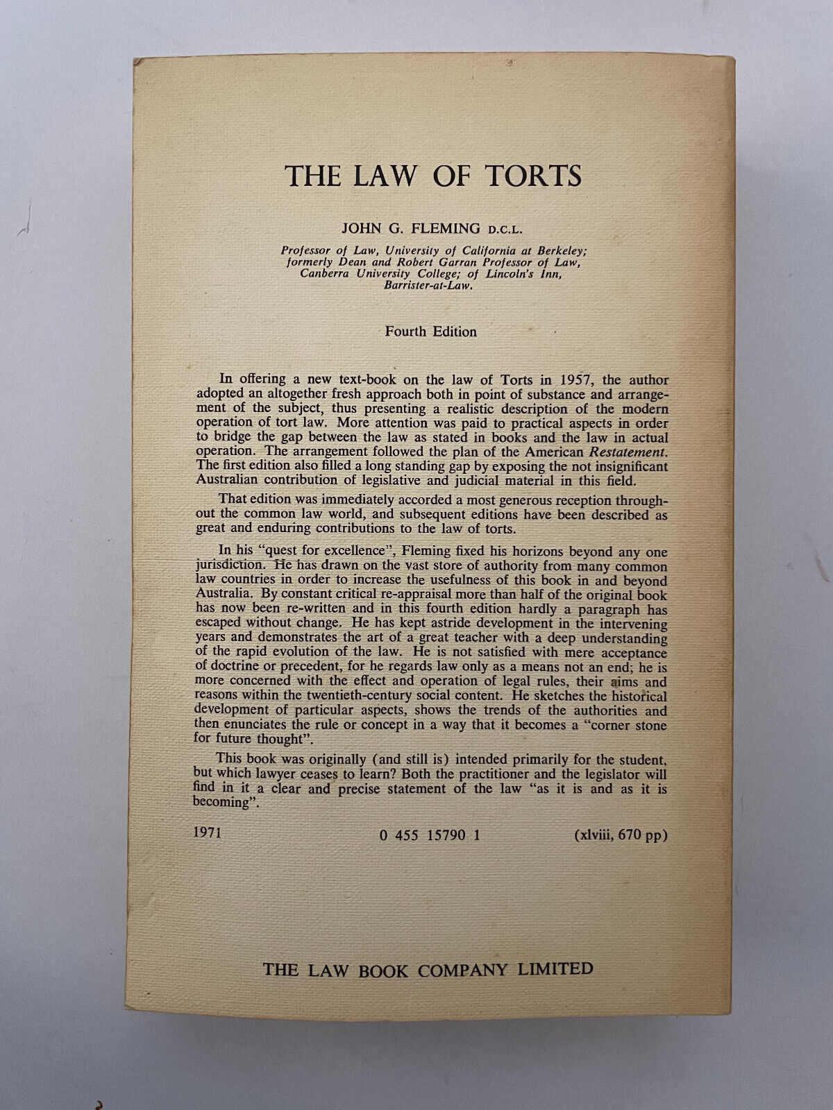 An Introduction To THE LAW OF TORTS: John G Fleming 4th Edition