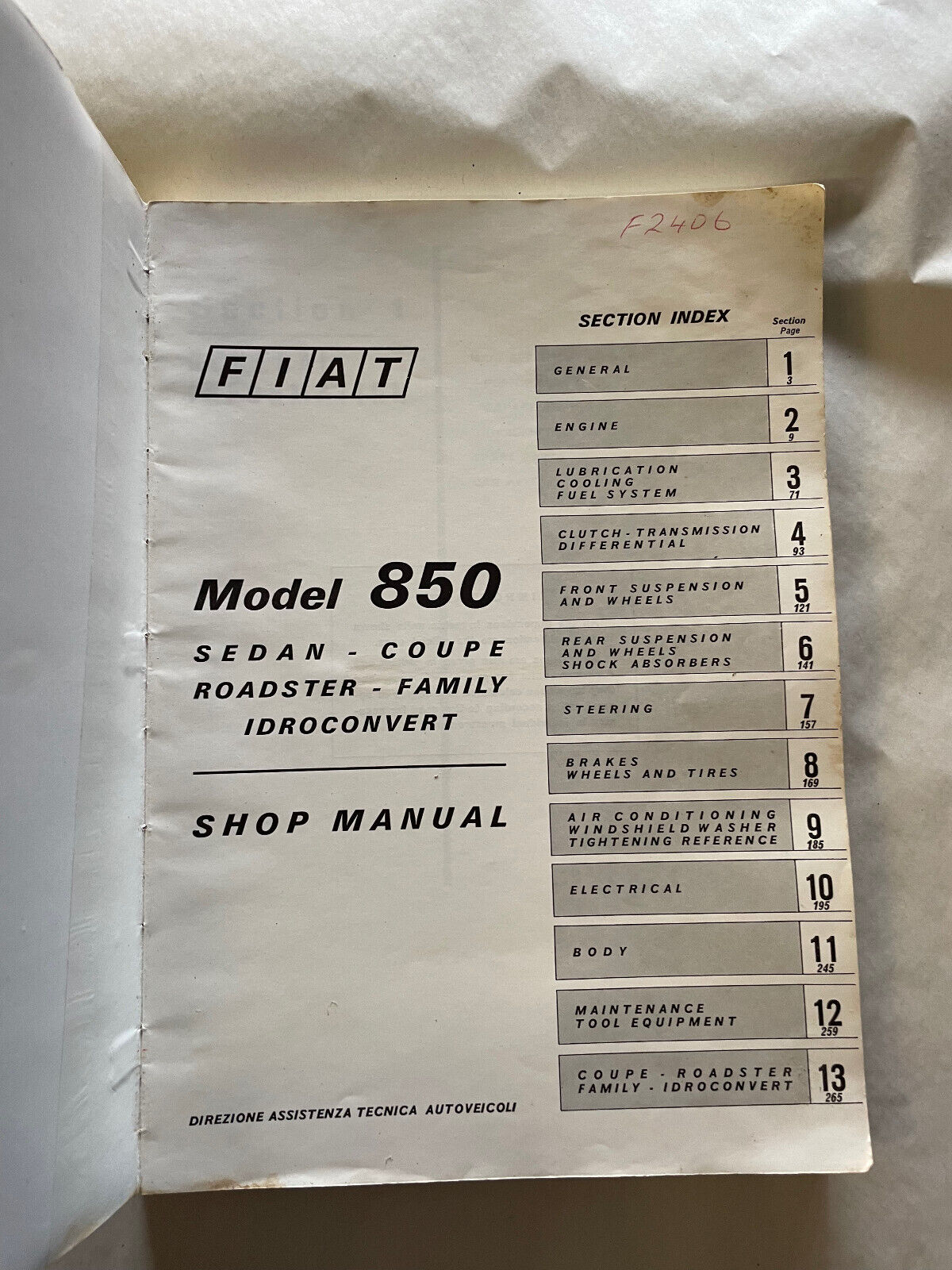 FIAT 850 SALOON , COUPE & SPIDER (1964-71) ORIGINAL FACTORY SERVICE MANUAL