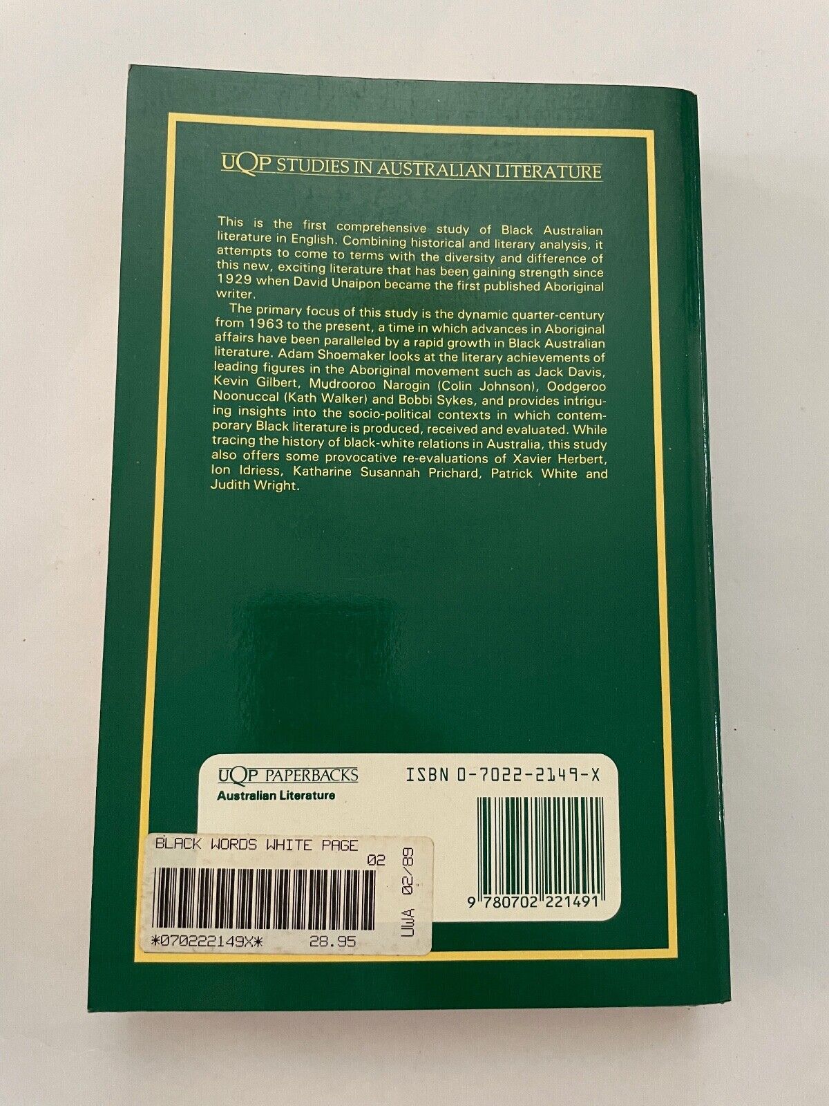 Black Words White Page: Aboriginal Literature 1929-88. Adam Shoemaker