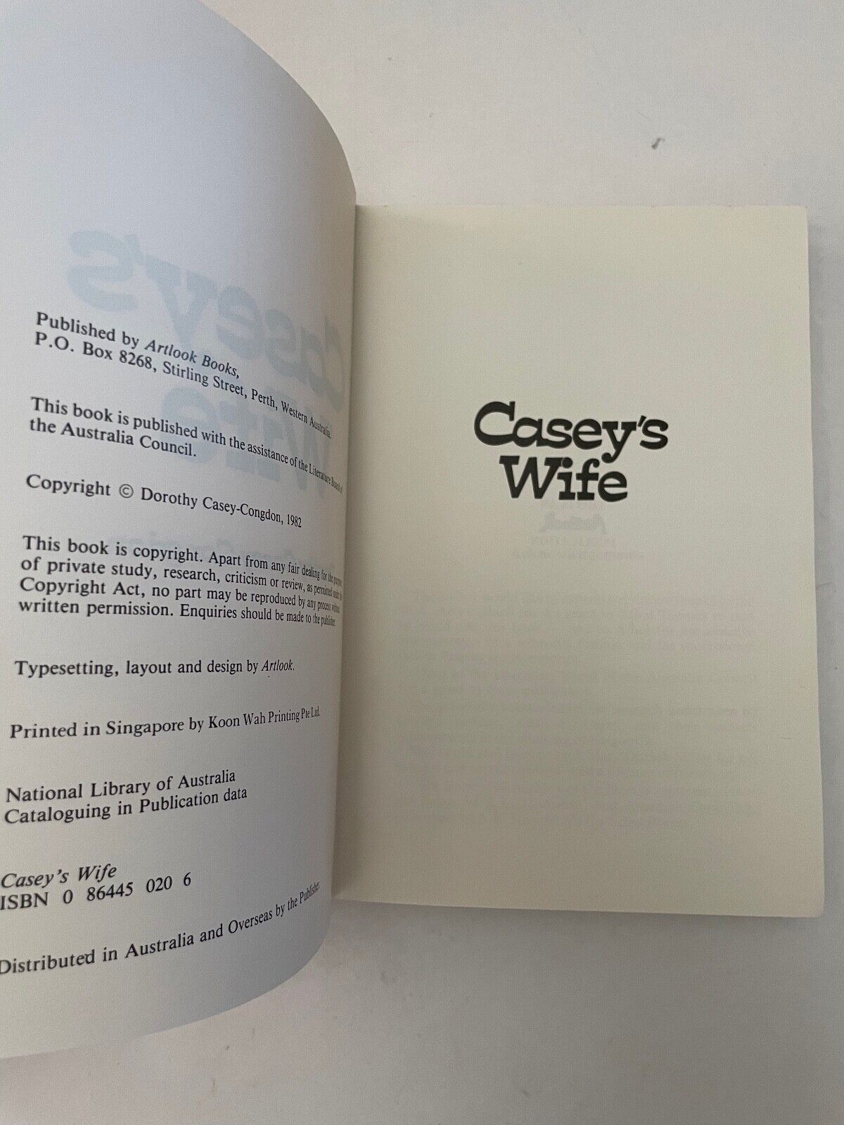 Casey's Wife by Dorothy Casey-Congdon Hardcover 0864450206 Artlook Books