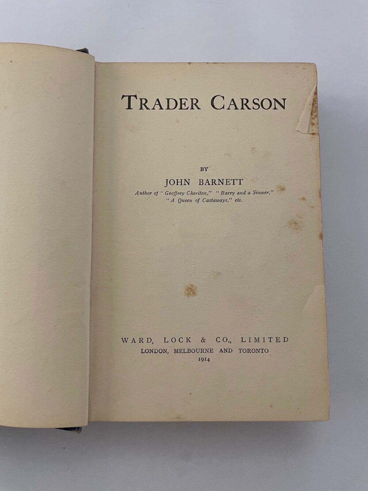 Trader Carson by John Barnett (Hardcover, 1914) 1st edition Ward & Lock