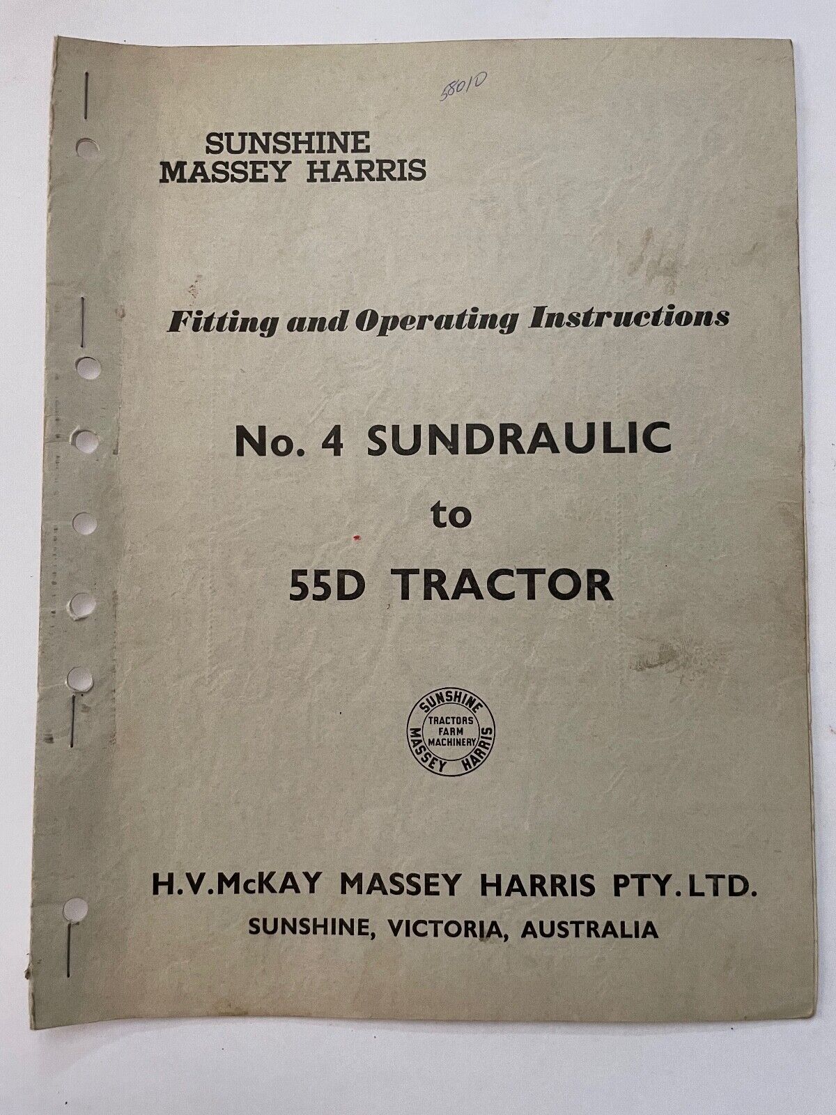 Sunshine Massey Harris No 4 Sundraulic to 55D tractor fitting operating instruct