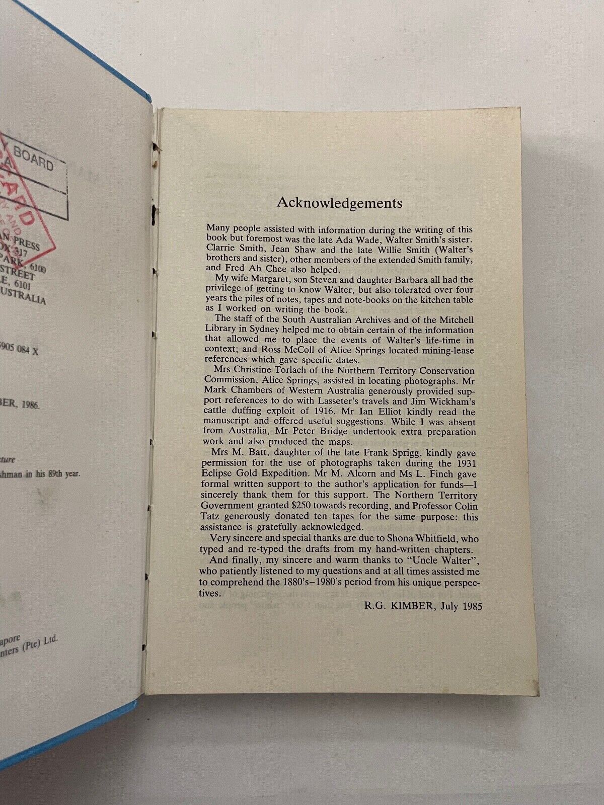 Man from Arltunga: Walter Smith Australian Bushman by R G Kimber Hardcover 1986