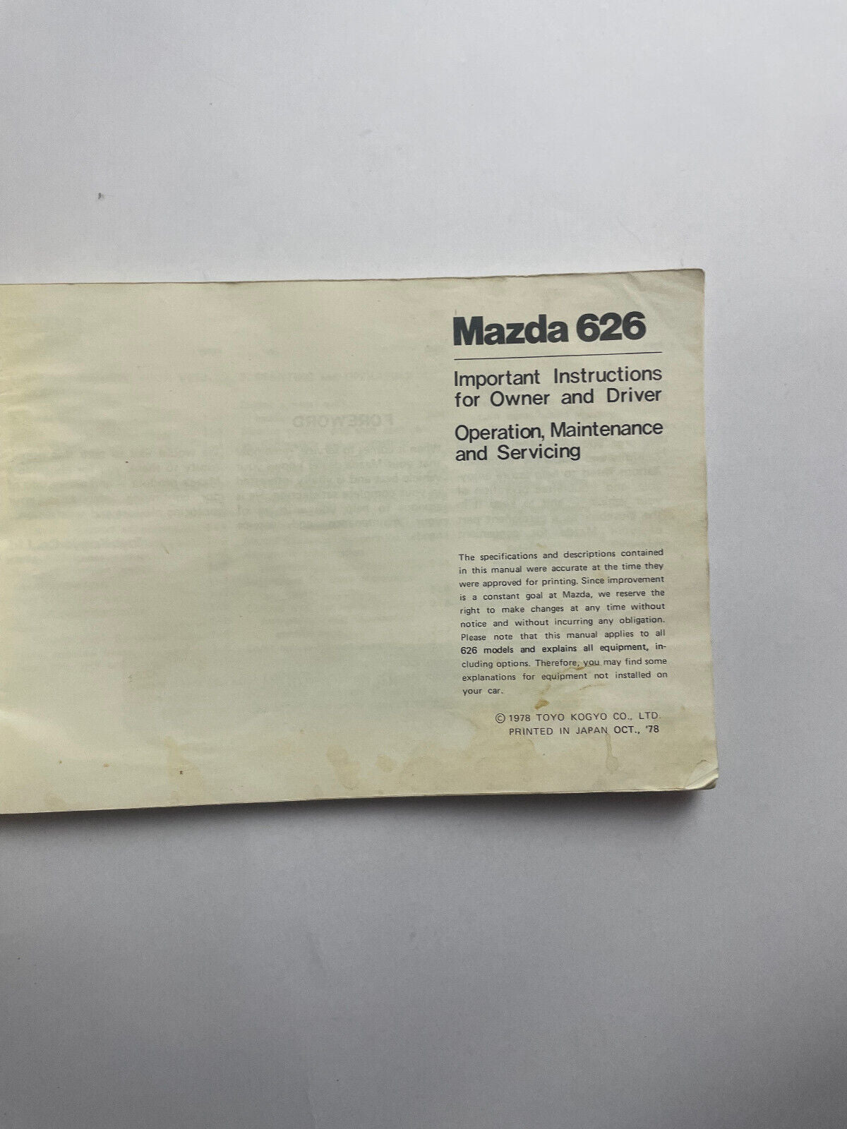 TOKYO KOGYO CO LTD Mazda 626 Owner's Manual 1978 SC Book