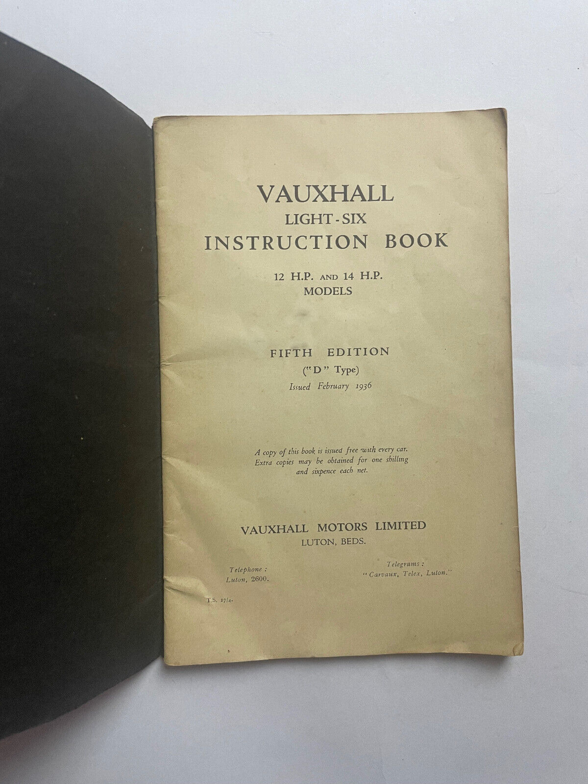 VAUXHALL LIGHT-SIX D-TYPE 12hp 14hp ORIG 1936 INSTRUCTION & MAINTENANCE HANDBOOK