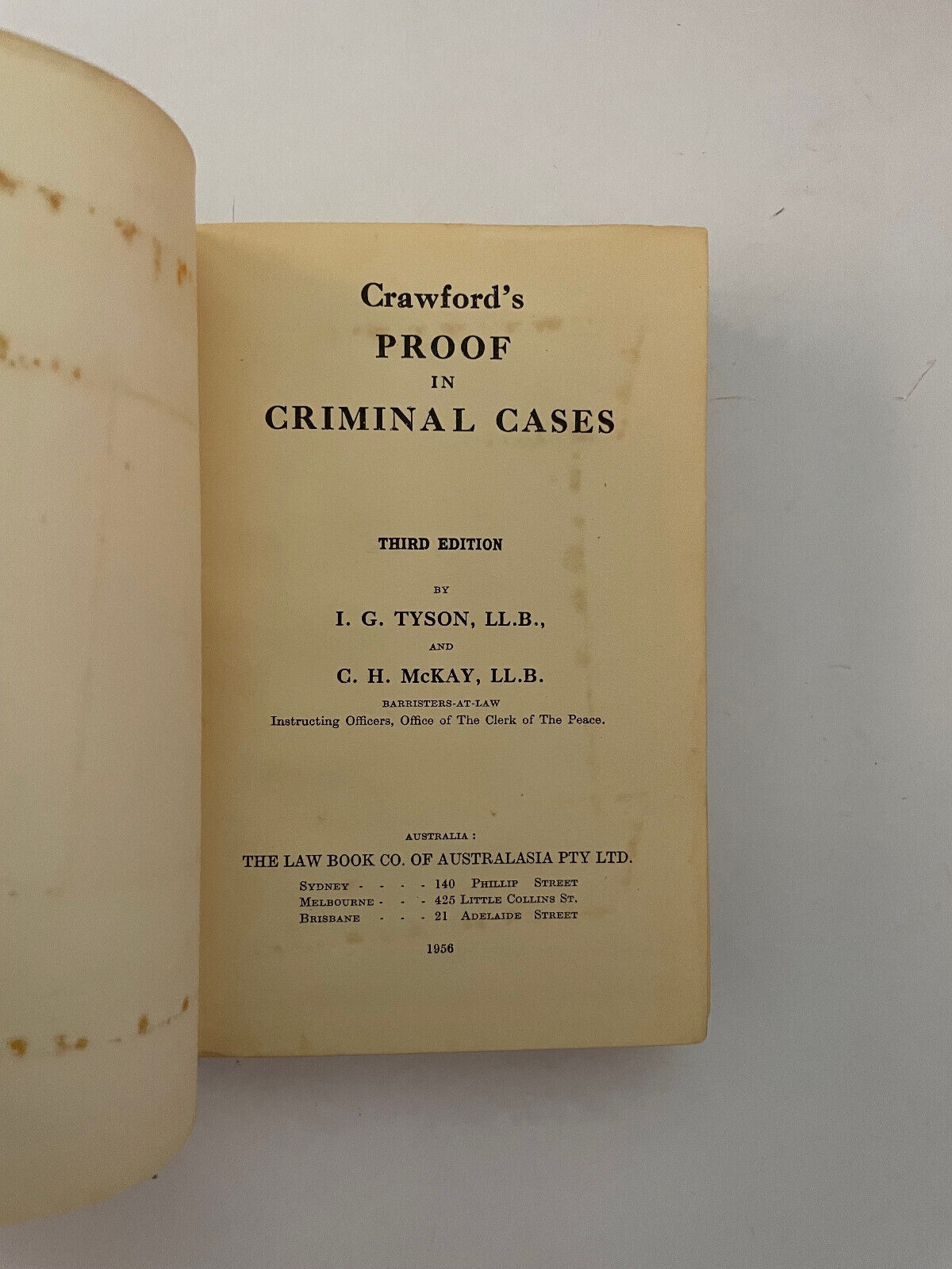 CRAWFORD’S PROOF IN CRIMINAL CASES Third Edition 1956 Australia Tyson McKay