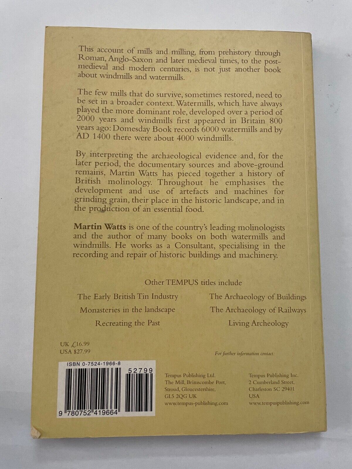 Archaeology of Mills and Milling by Watts, Martin