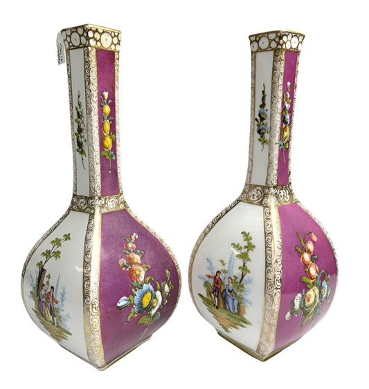 Pair of Antique Dresden Quatrefoil four-sided vases