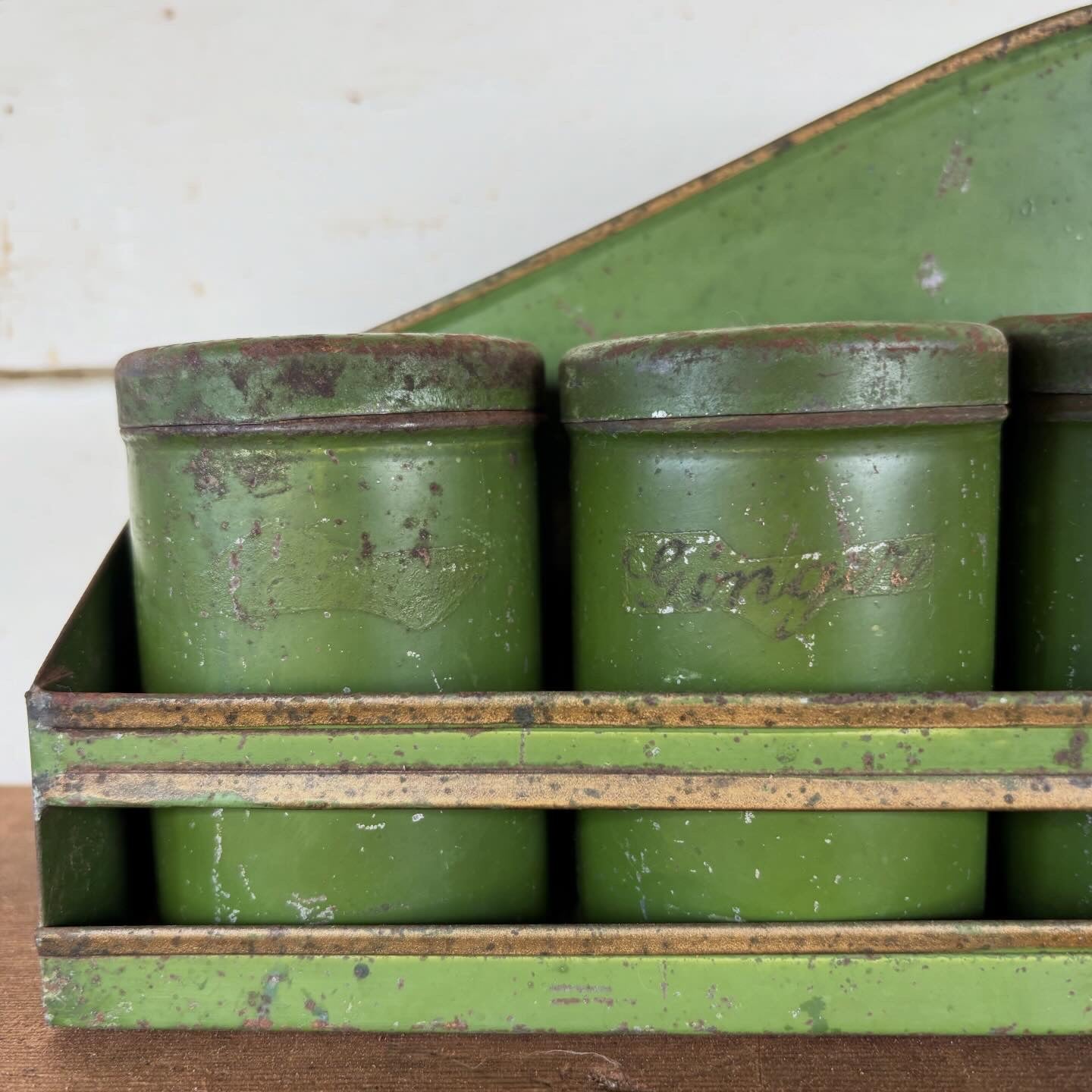 Vintage Green Tin Spice Rack with Canisters