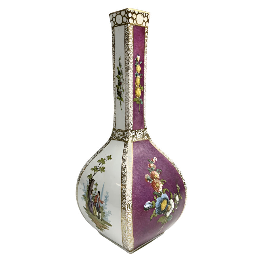 Pair of Antique Dresden Quatrefoil four-sided vases
