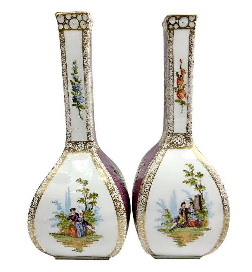 Pair of Antique Dresden Quatrefoil four-sided vases
